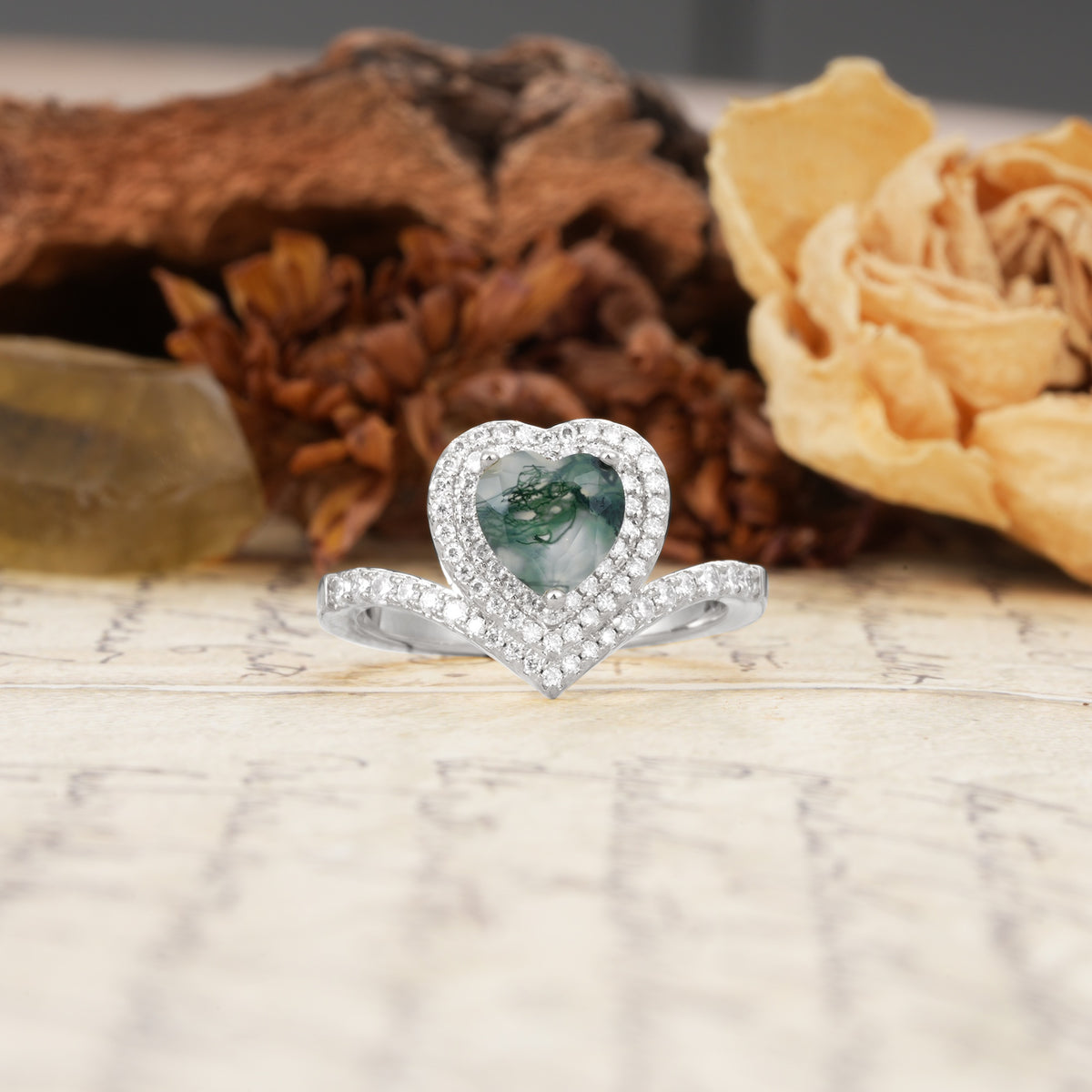Luxurious and Unique 3-Prong Heart Cut Moss Agate Engagement Ring - Additional view