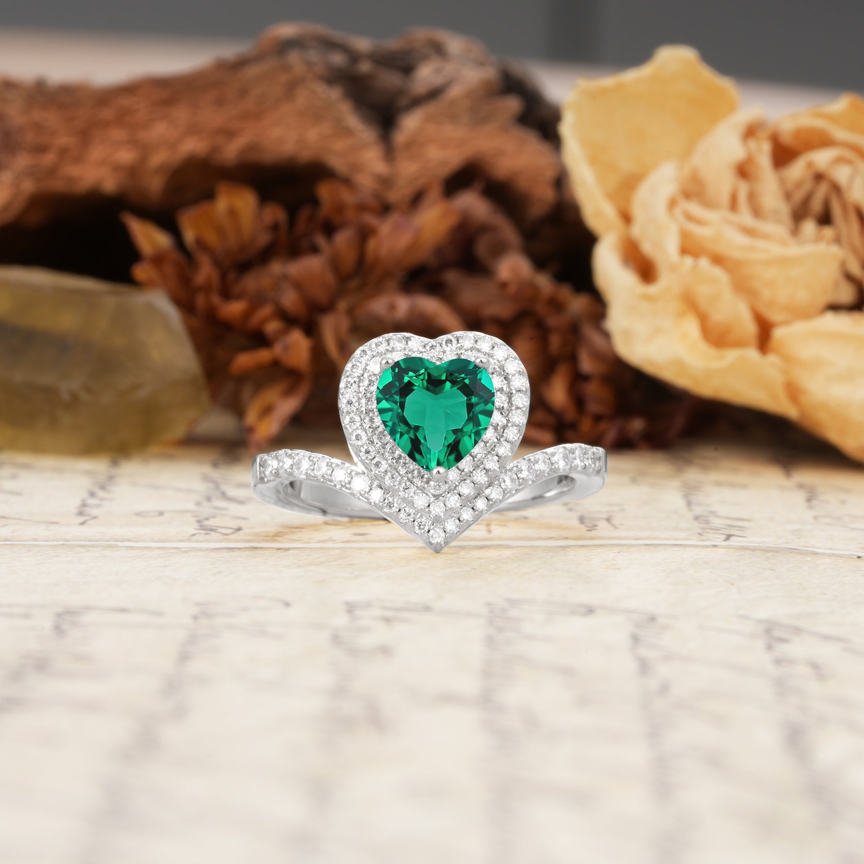 Luxurious and Unique 3-Prong Heart Cut Emerald Engagement Ring - Additional view