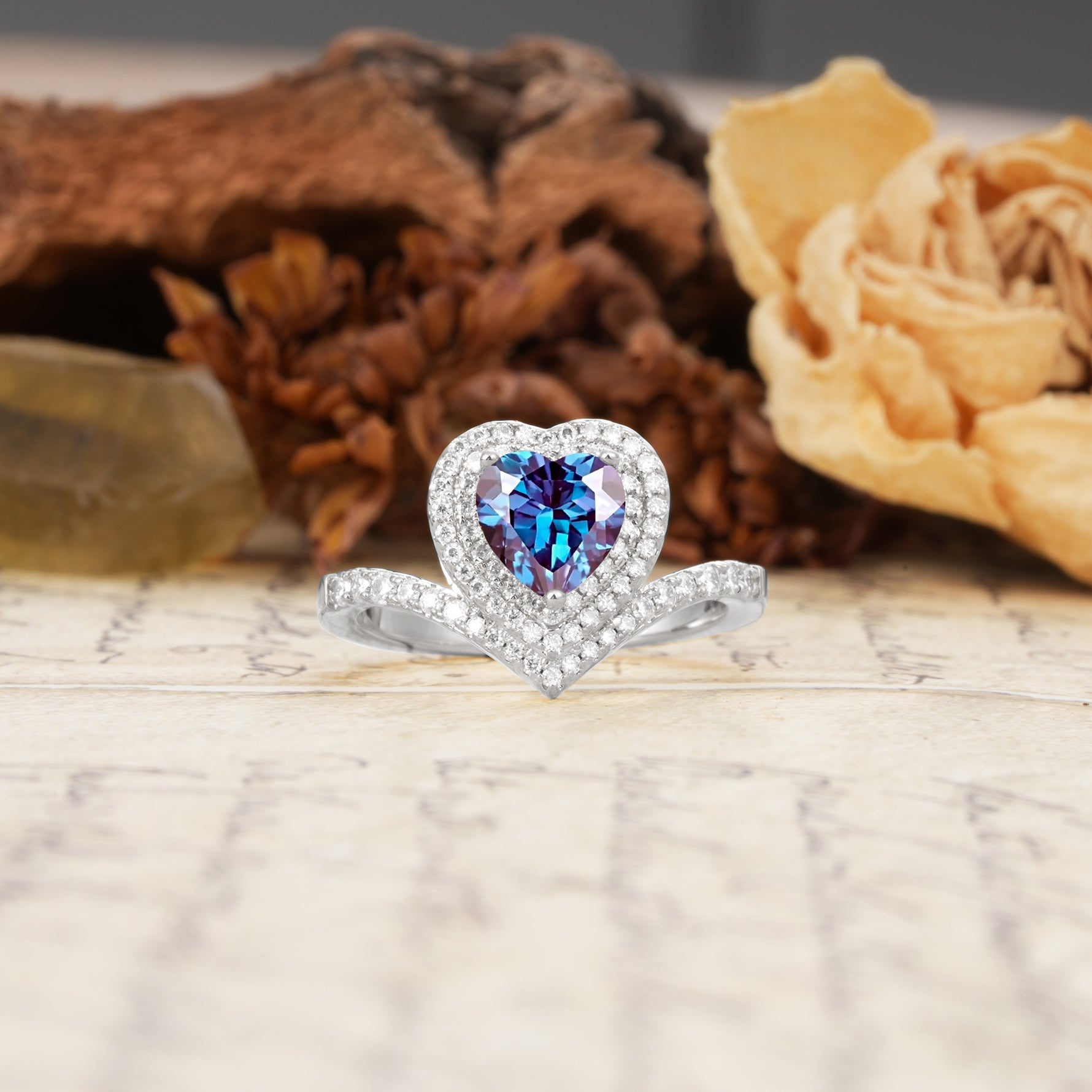 Luxurious and Unique 3-Prong Heart Cut Alexandrite Engagement Ring - Additional view