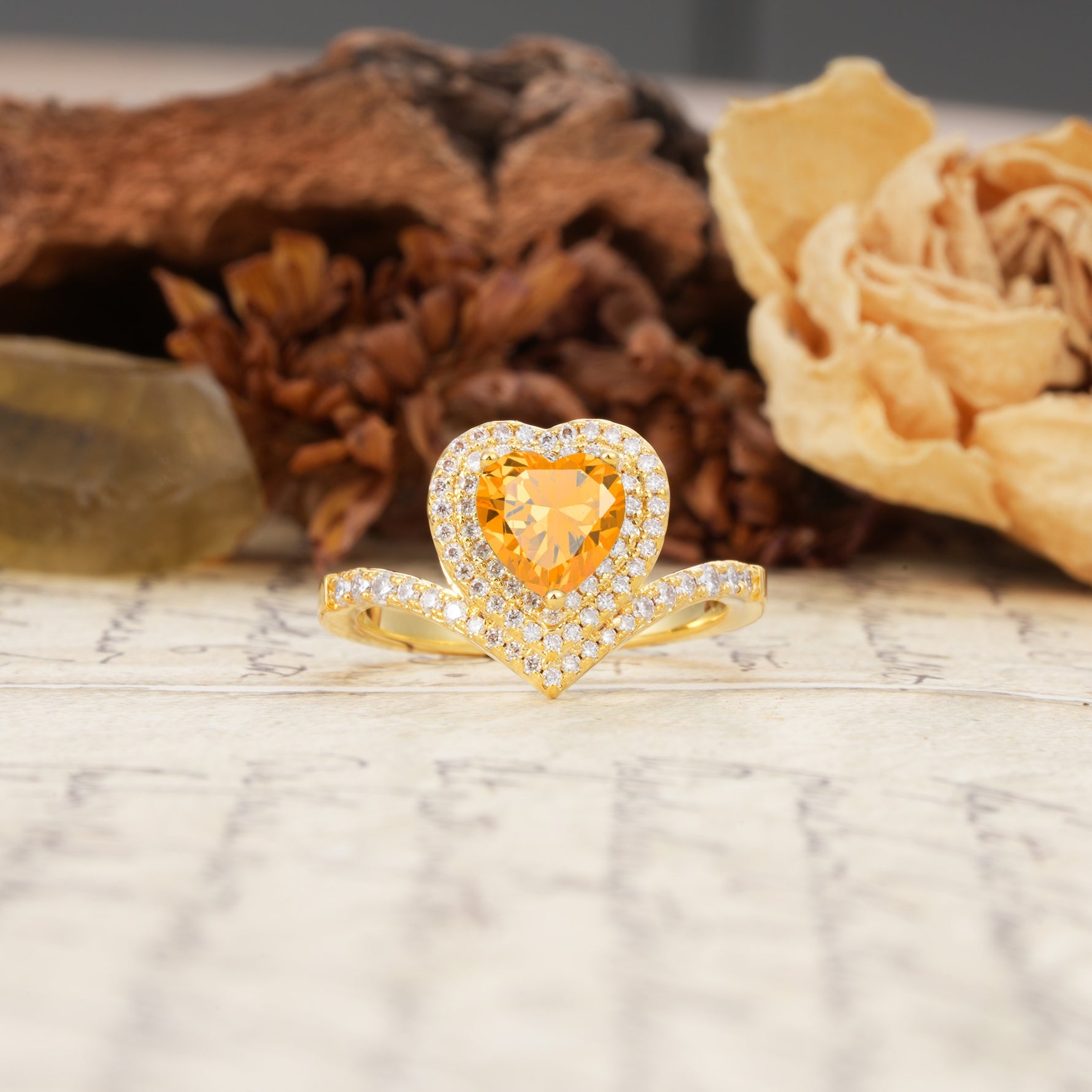 Luxurious and Unique 3-Prong Heart Cut Citrine Engagement Ring - Additional view