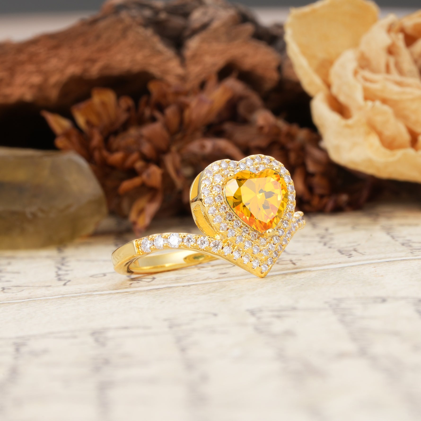 Luxurious and Unique 3-Prong Heart Cut Citrine Engagement Ring - Additional view