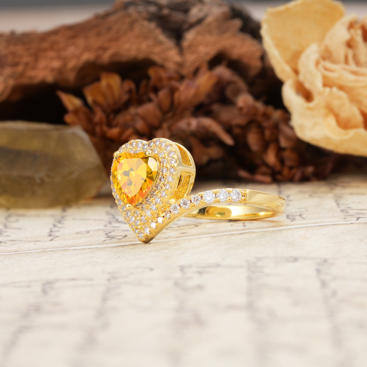 Luxurious and Unique 3-Prong Heart Cut Citrine Engagement Ring - Additional view