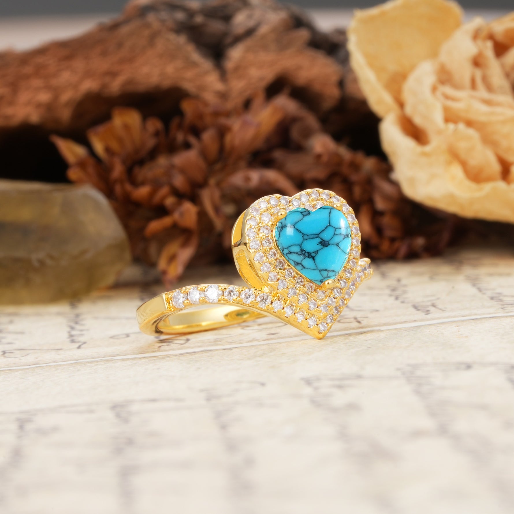 Luxurious and Unique 3-Prong Heart Cut Turquoise Engagement Ring - Additional view