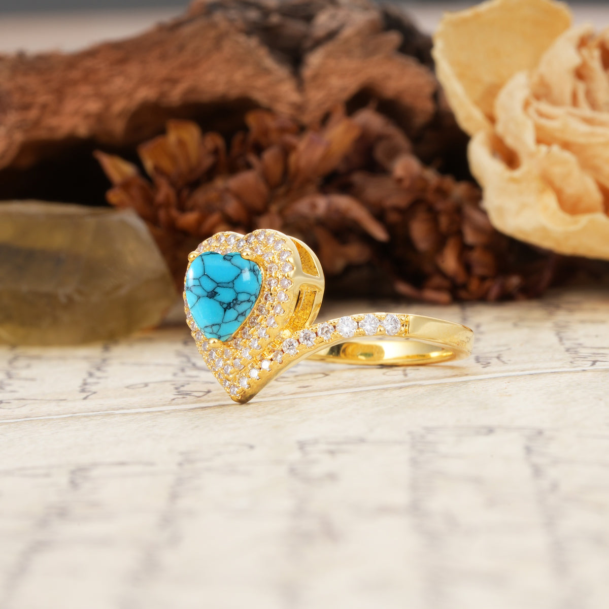 Luxurious and Unique 3-Prong Heart Cut Turquoise Engagement Ring - Additional view