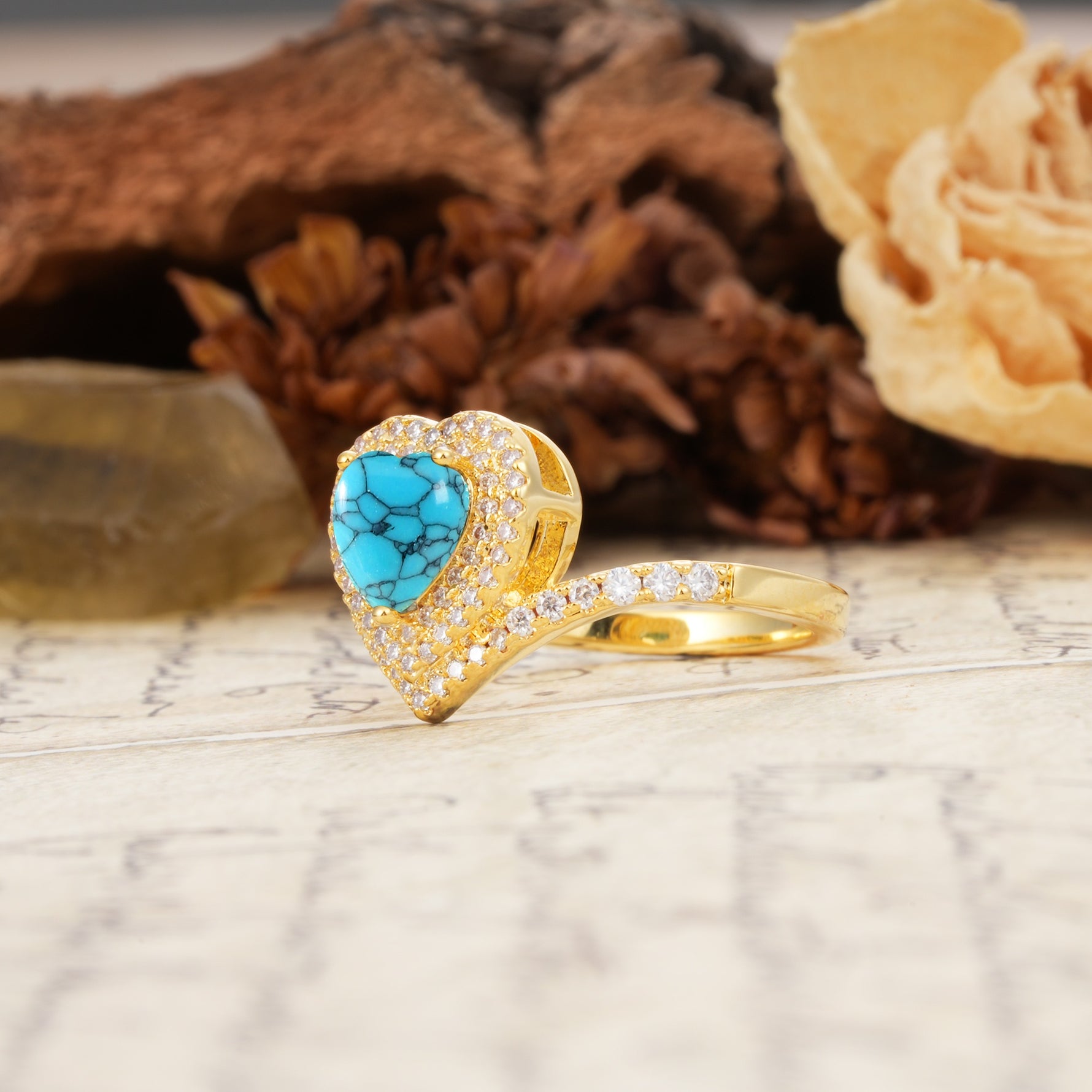 Luxurious and Unique 3-Prong Heart Cut Turquoise Engagement Ring - Additional view
