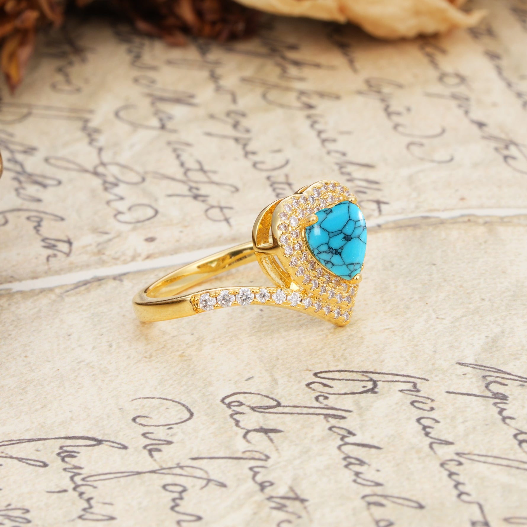 Luxurious and Unique 3-Prong Heart Cut Turquoise Engagement Ring - Additional view