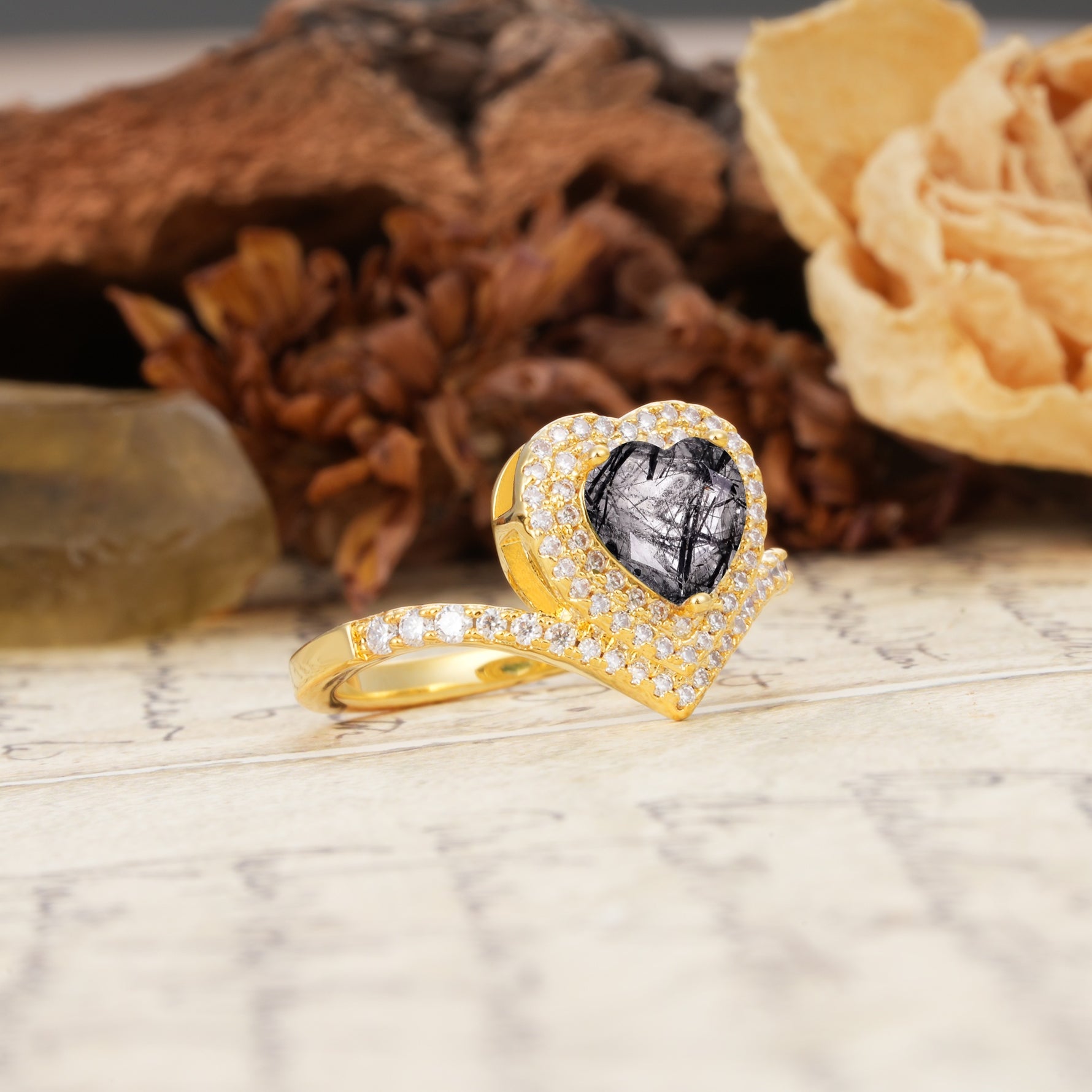 Luxurious and Unique 3-Prong Heart Cut Black Rutilated Quartz Engagement Ring - Additional view