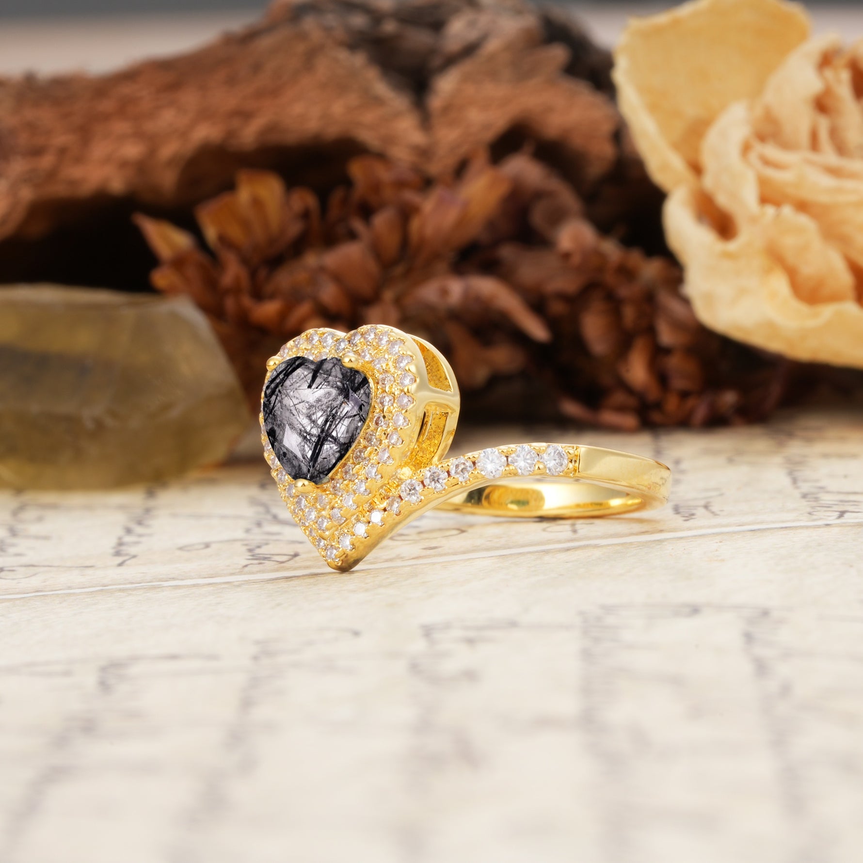 Luxurious and Unique 3-Prong Heart Cut Black Rutilated Quartz Engagement Ring - Additional view