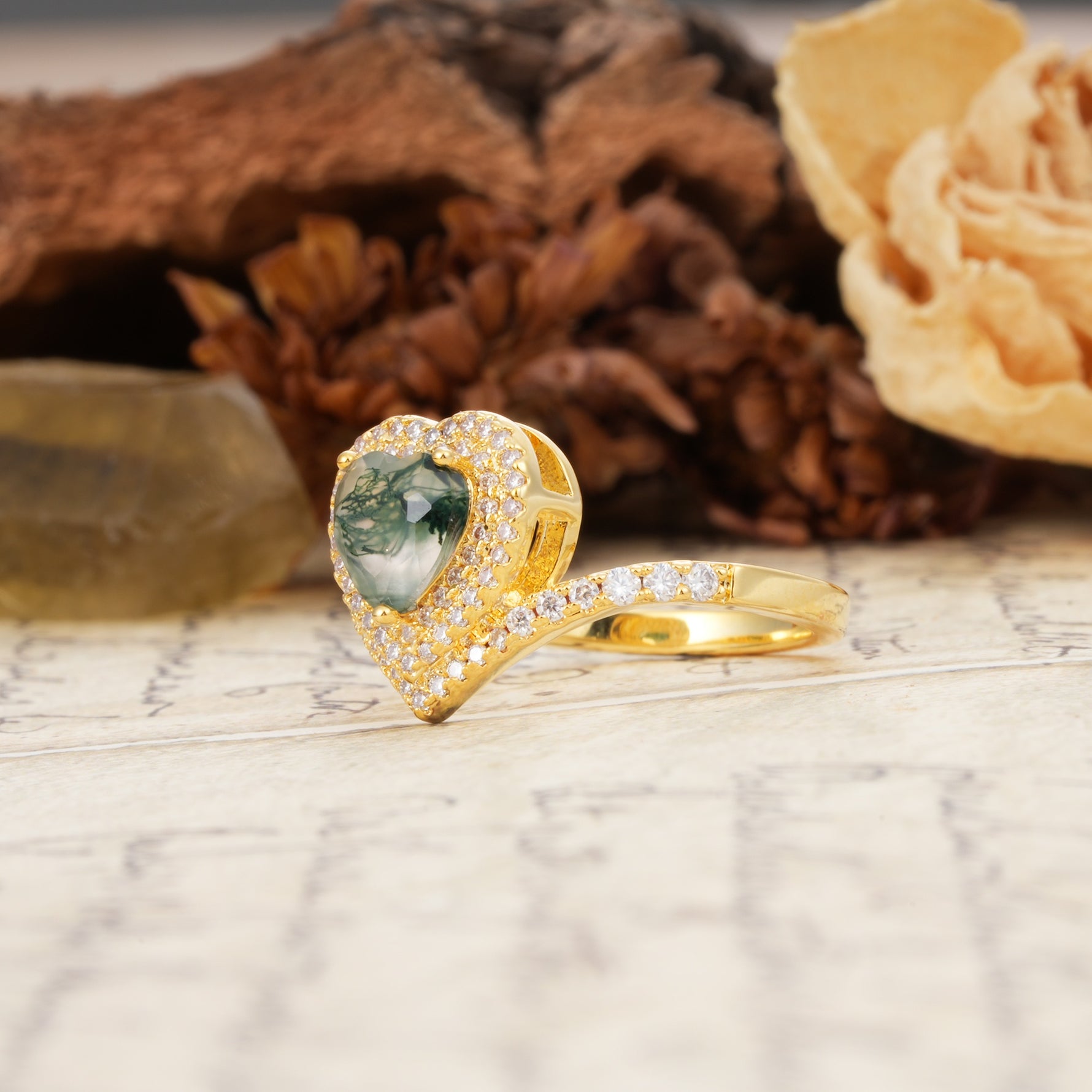 Luxurious and Unique 3-Prong Heart Cut Moss Agate Engagement Ring - Additional view