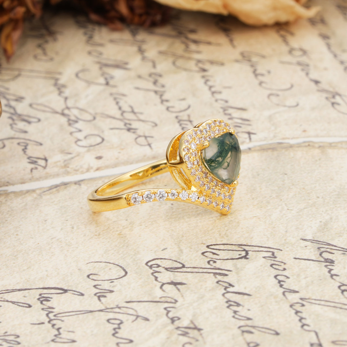 Luxurious and Unique 3-Prong Heart Cut Moss Agate Engagement Ring - Additional view