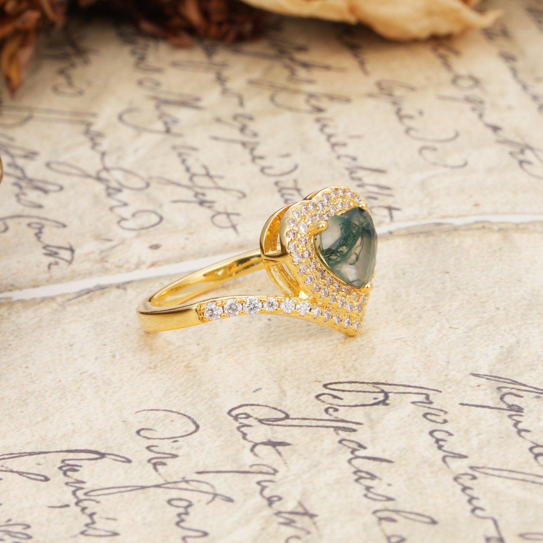 Luxurious and Unique 3-Prong Heart Cut Moss Agate Engagement Ring - Additional view