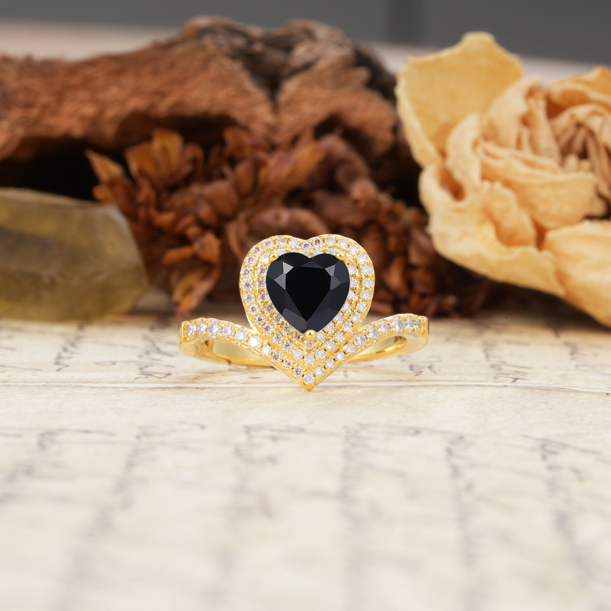 Luxurious and Unique 3-Prong Heart Cut Black Onyx Engagement Ring - Additional view