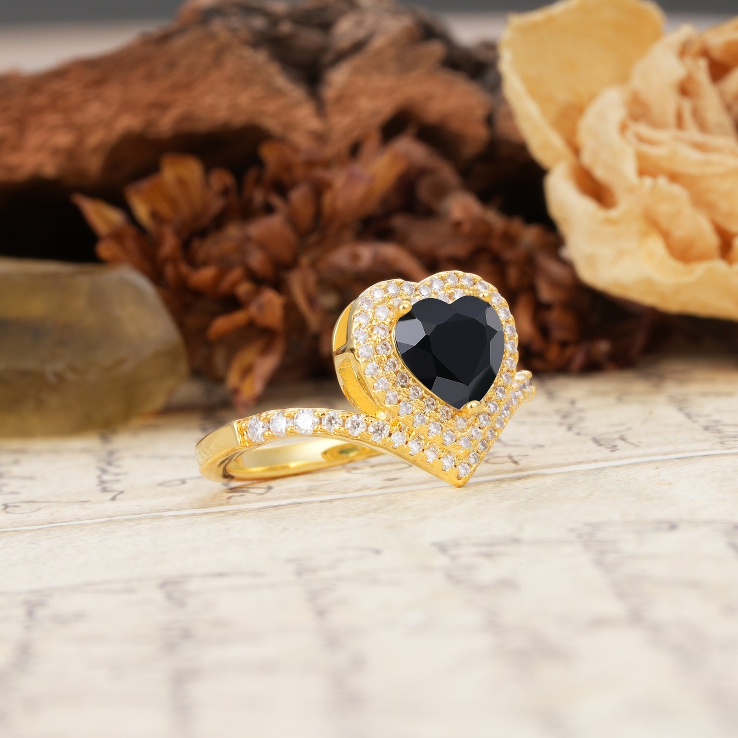 Luxurious and Unique 3-Prong Heart Cut Black Onyx Engagement Ring - Additional view