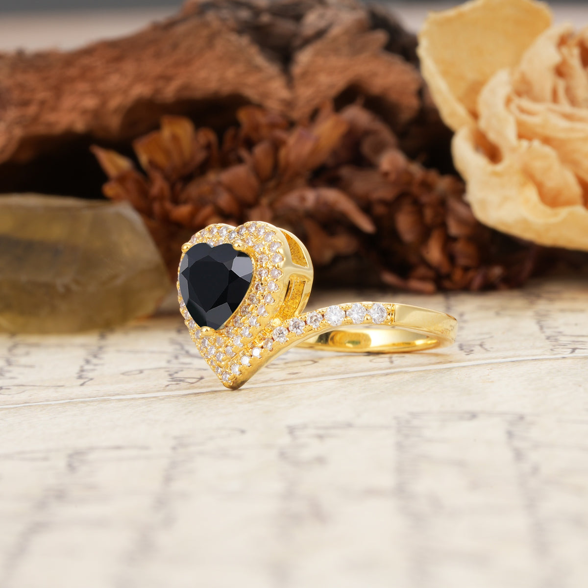 Luxurious and Unique 3-Prong Heart Cut Black Onyx Engagement Ring - Additional view