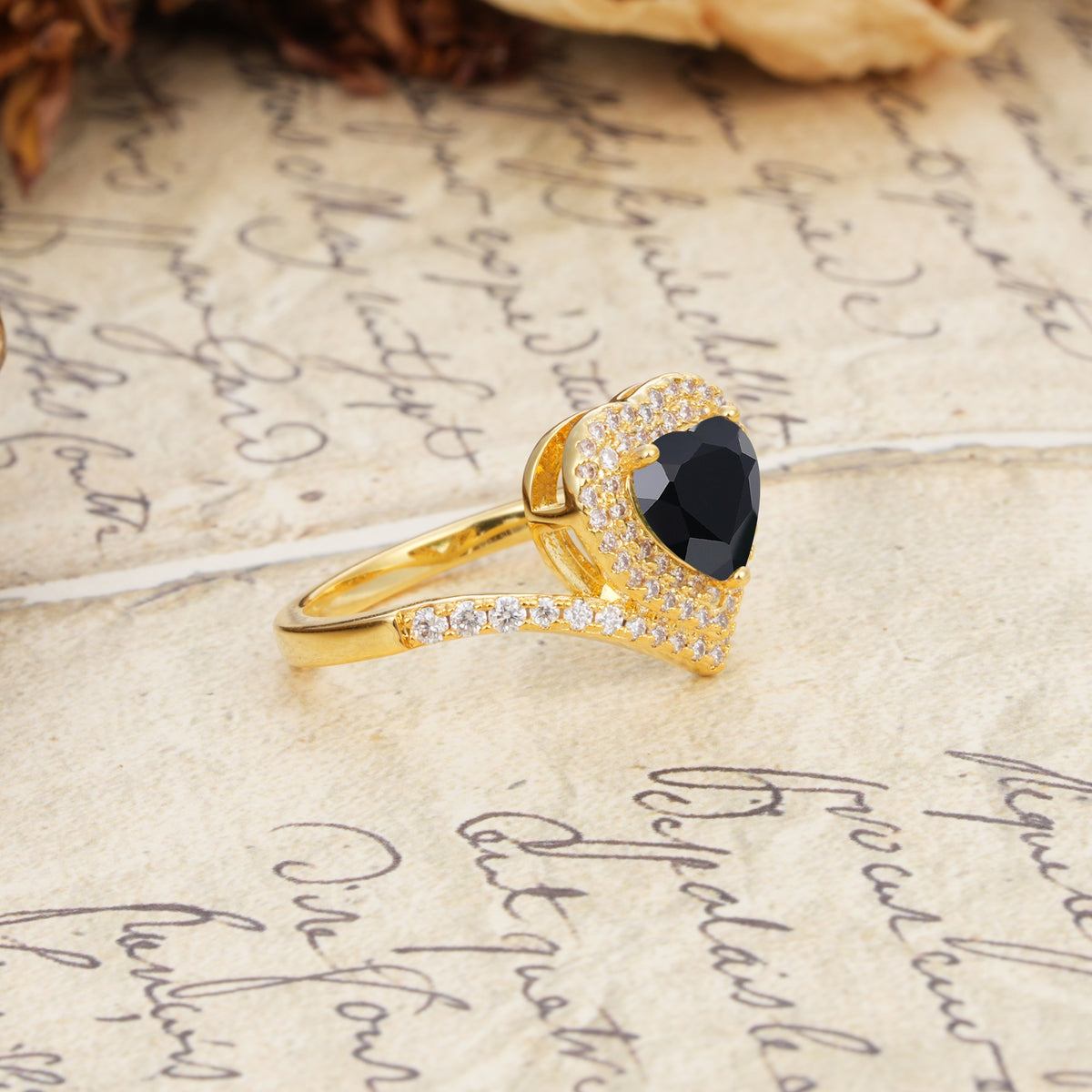 Luxurious and Unique 3-Prong Heart Cut Black Onyx Engagement Ring - Additional view