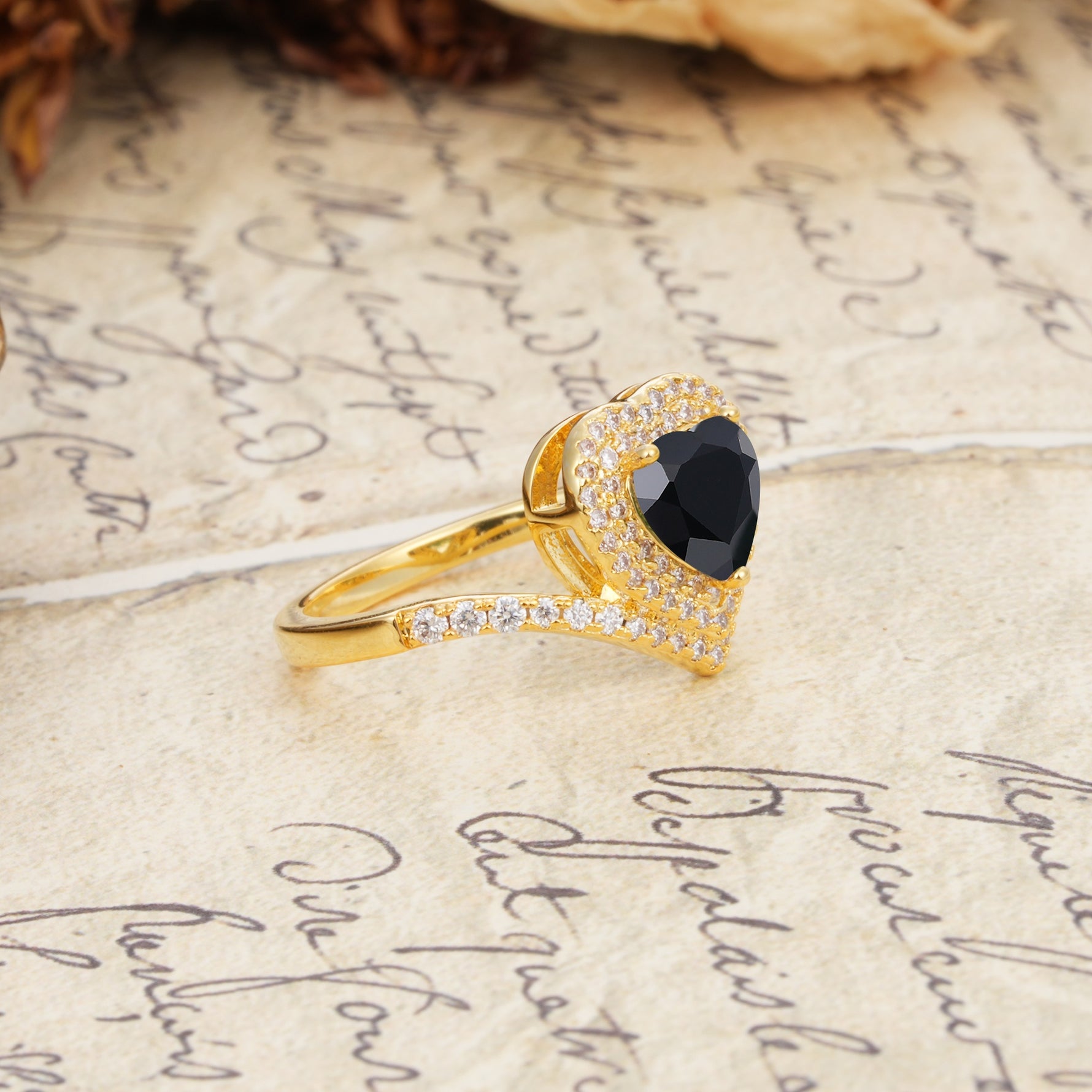 Luxurious and Unique 3-Prong Heart Cut Black Onyx Engagement Ring - Additional view
