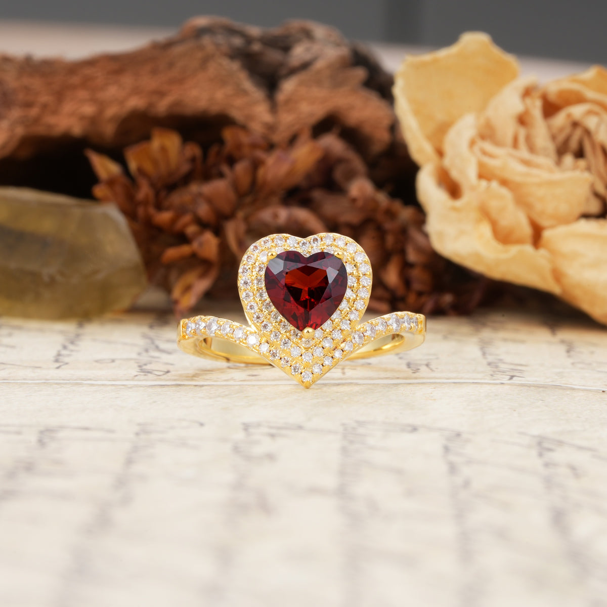 Luxurious and Unique 3-Prong Heart Cut Garnet Engagement Ring - Additional view