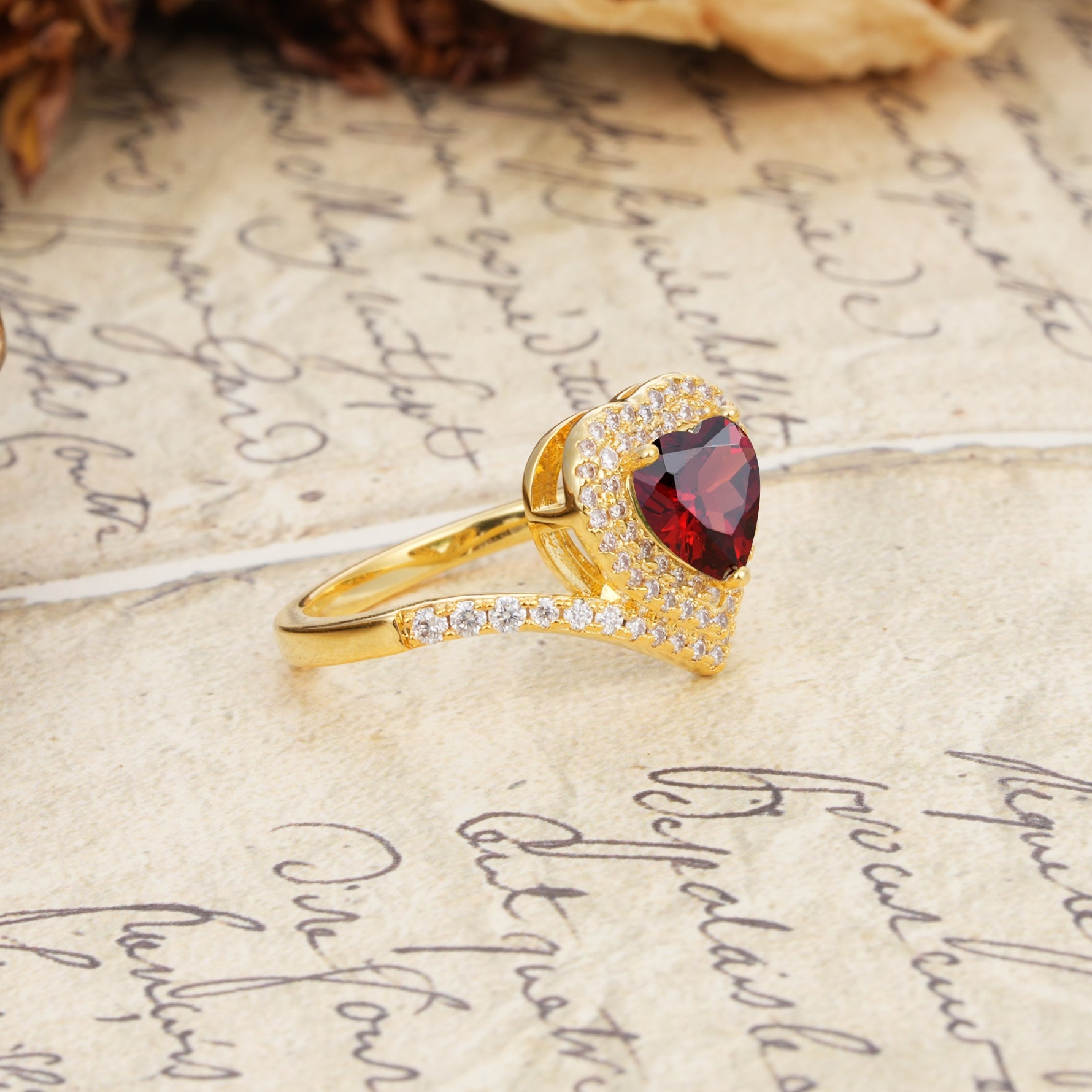 Luxurious and Unique 3-Prong Heart Cut Garnet Engagement Ring - Additional view