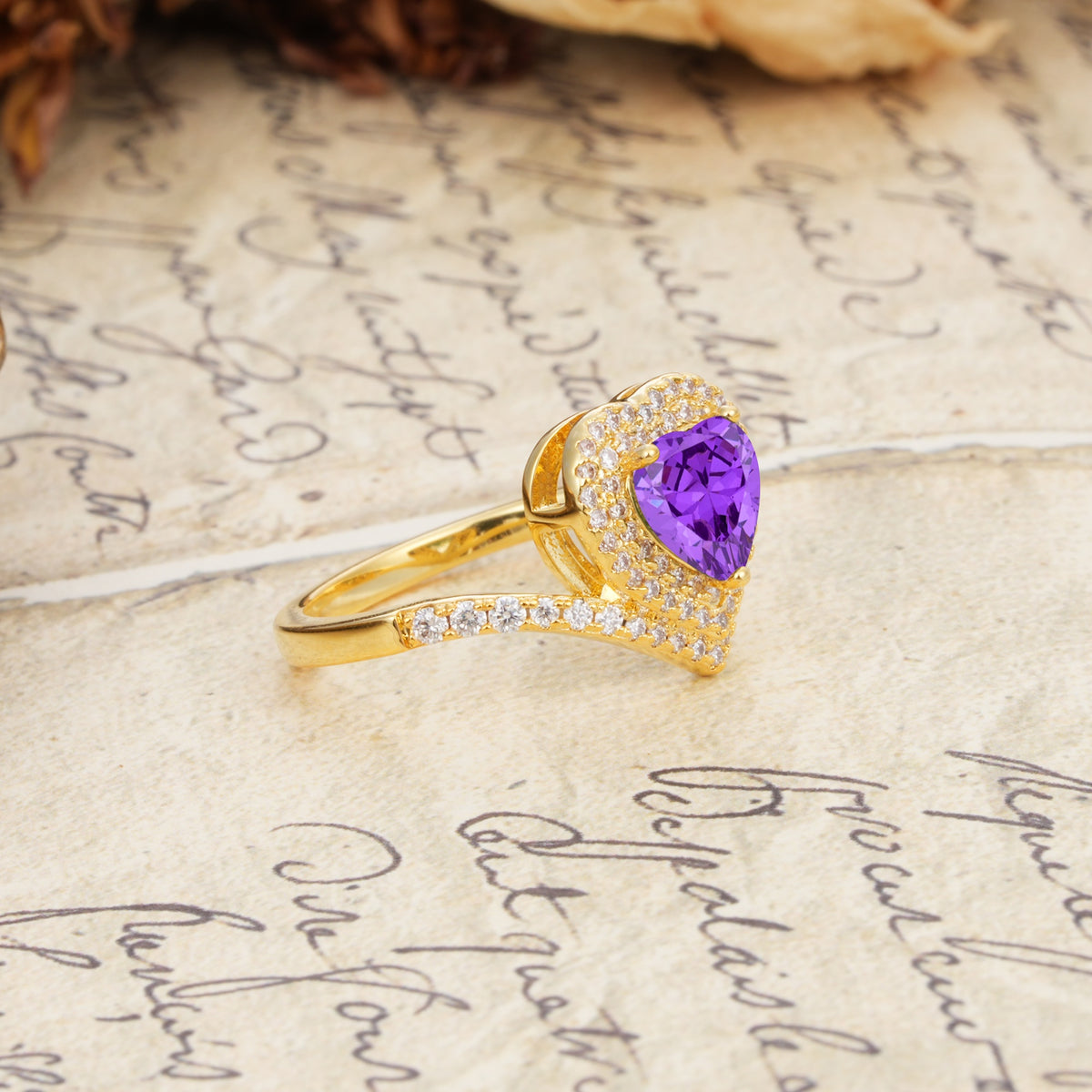 Luxurious and Unique 3-Prong Heart Cut Amethyst Engagement Ring - Additional view