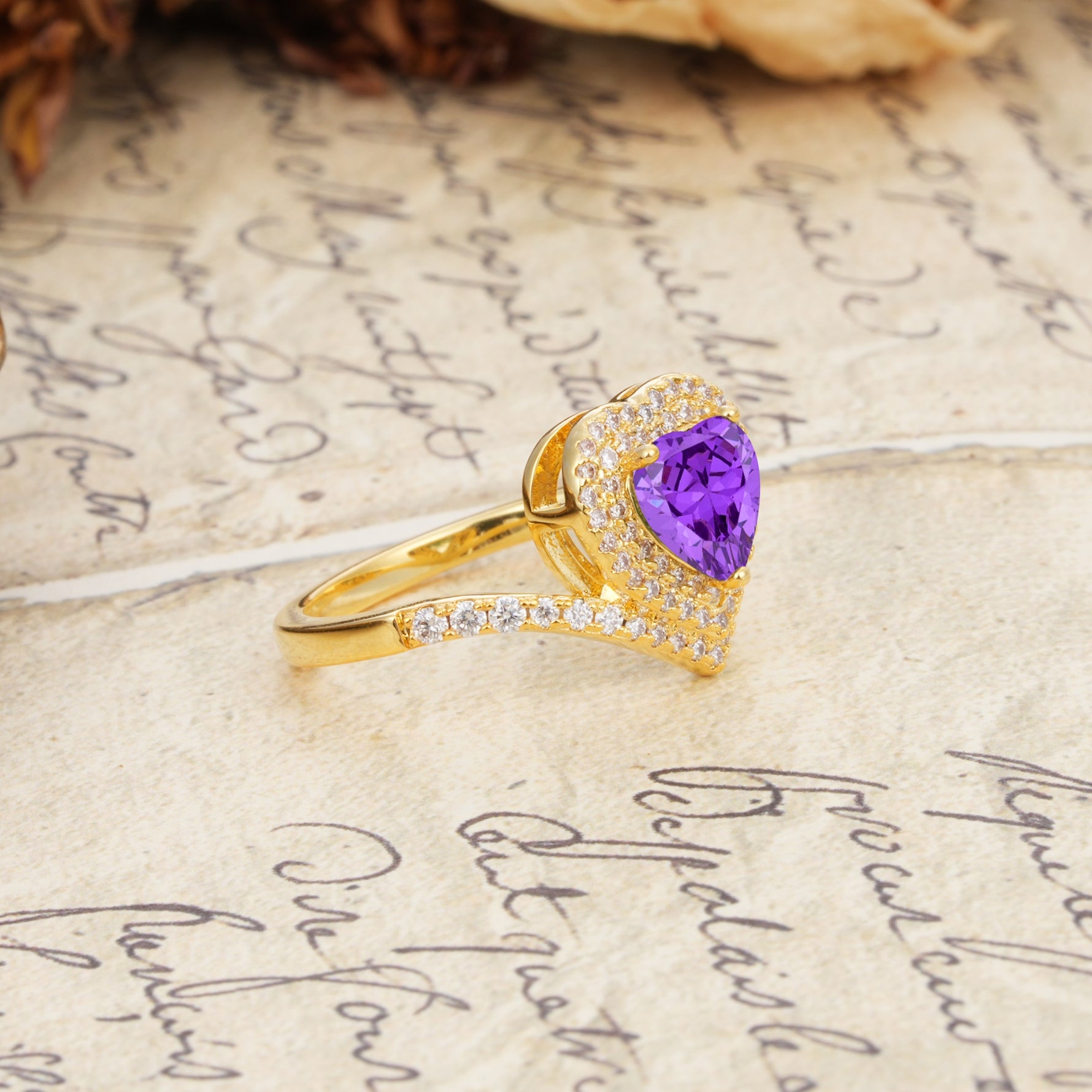 Luxurious and Unique 3-Prong Heart Cut Amethyst Engagement Ring - Additional view