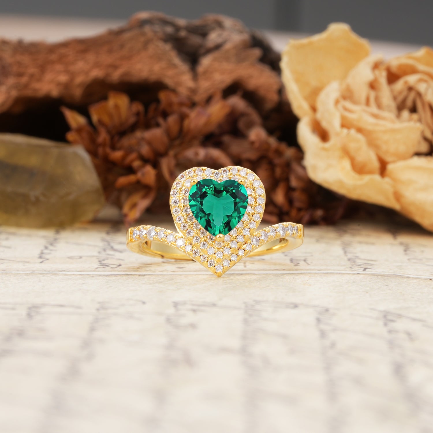 Luxurious and Unique 3-Prong Heart Cut Emerald Engagement Ring - Additional view