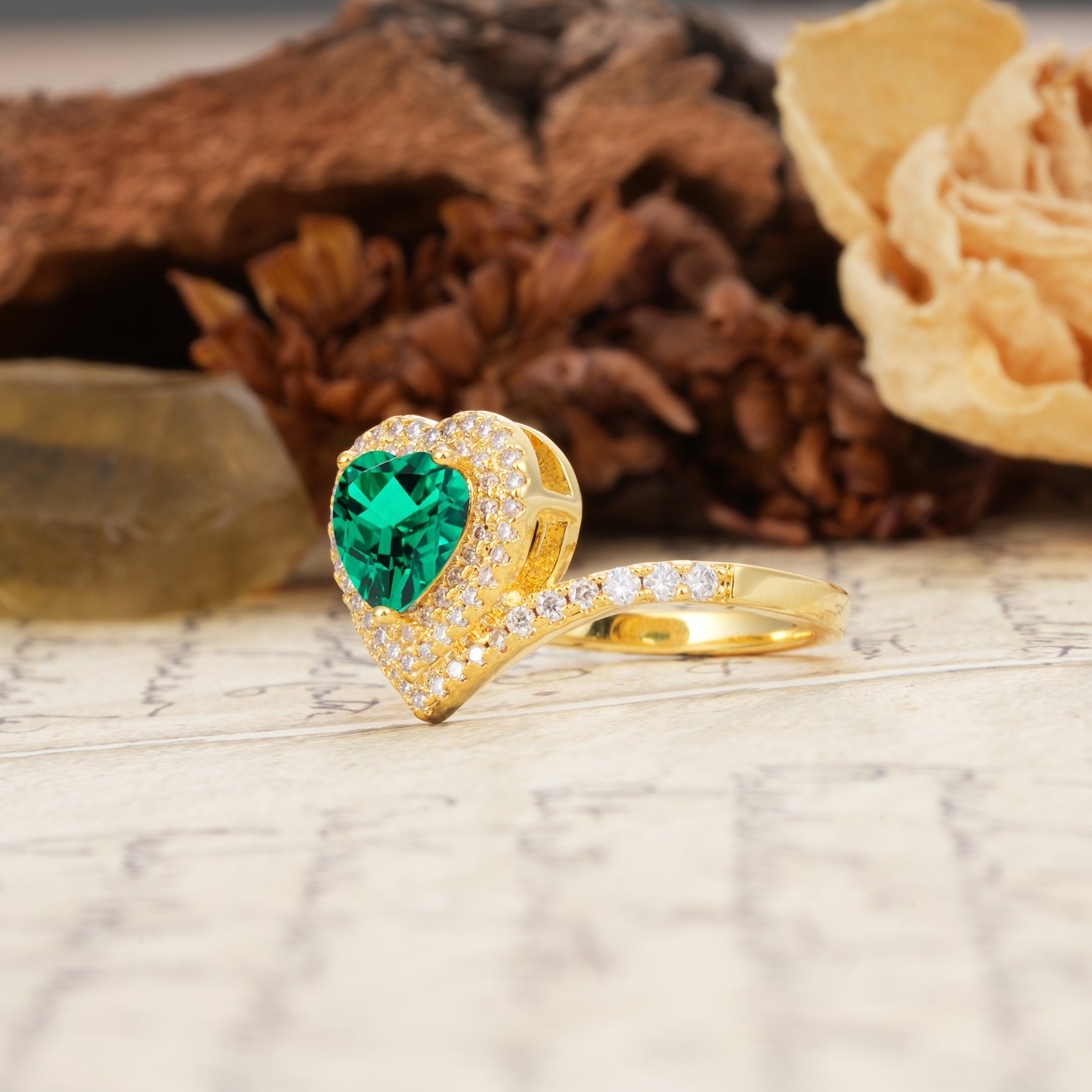 Luxurious and Unique 3-Prong Heart Cut Emerald Engagement Ring - Additional view