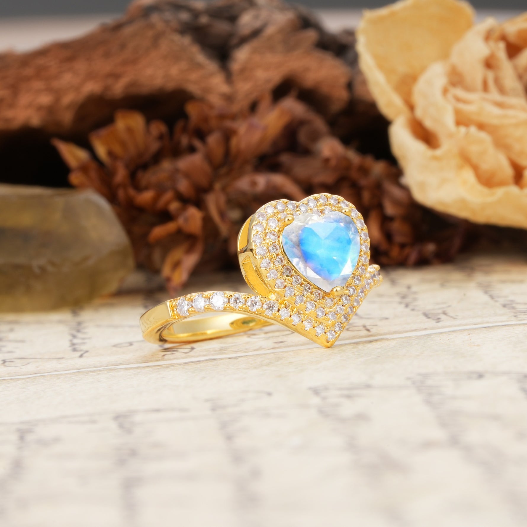 Luxurious and Unique 3-Prong Heart Cut Moonstone Engagement Ring - Additional view