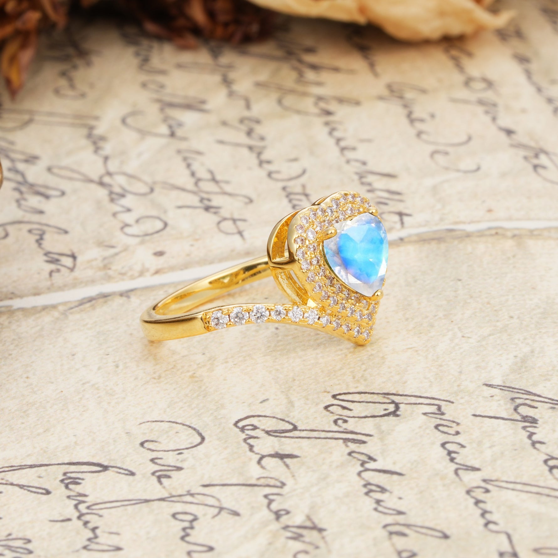 Luxurious and Unique 3-Prong Heart Cut Moonstone Engagement Ring - Additional view