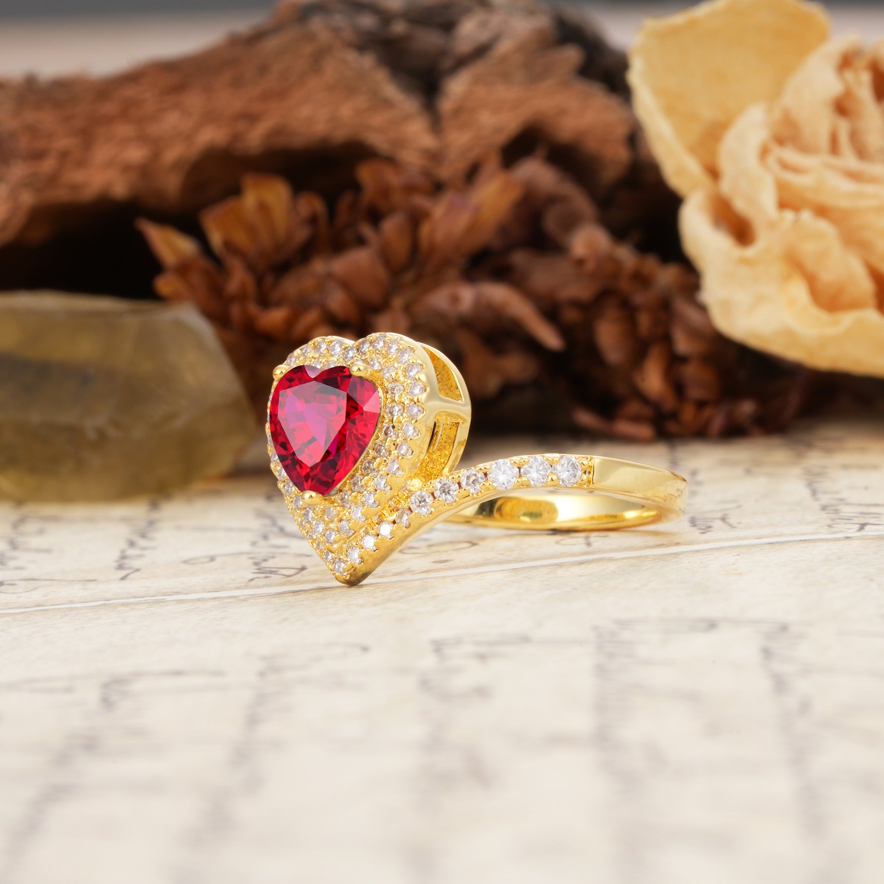 Luxurious and Unique 3-Prong Heart Cut Ruby Engagement Ring - Additional view