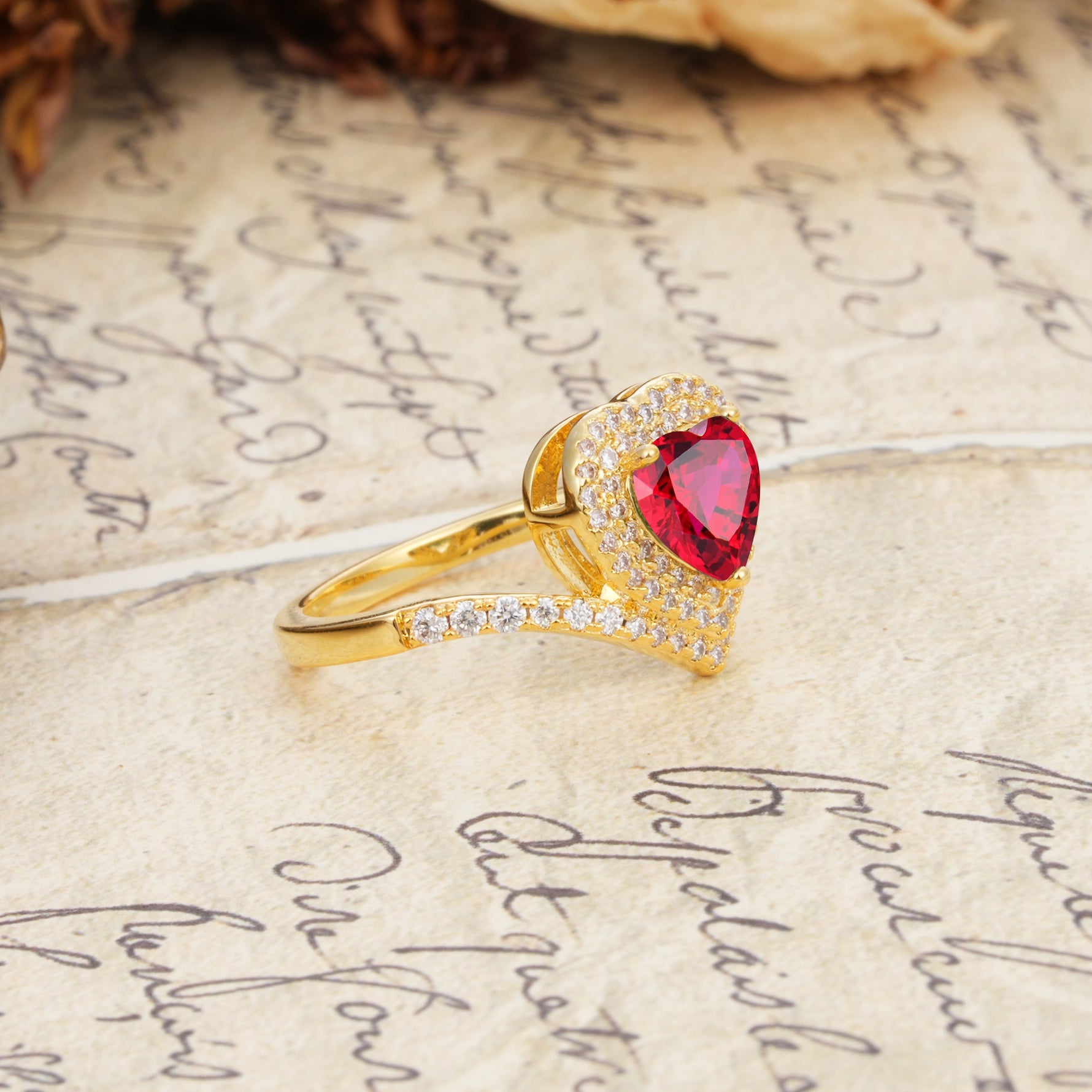 Luxurious and Unique 3-Prong Heart Cut Ruby Engagement Ring - Additional view