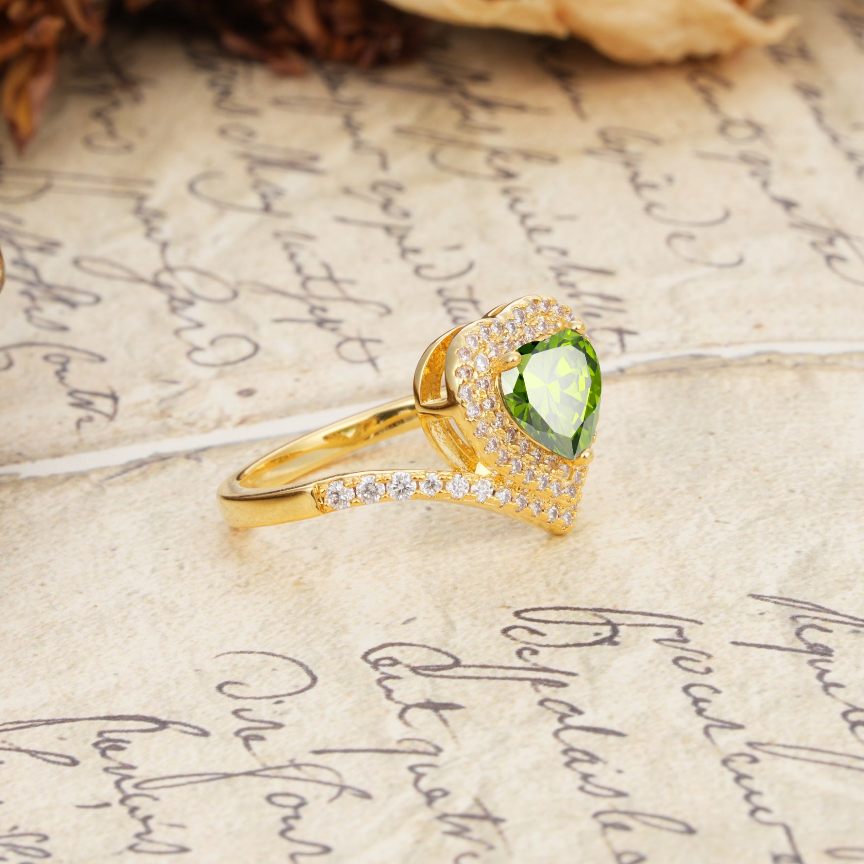 Luxurious and Unique 3-Prong Heart Cut Peridot Engagement Ring - Additional view