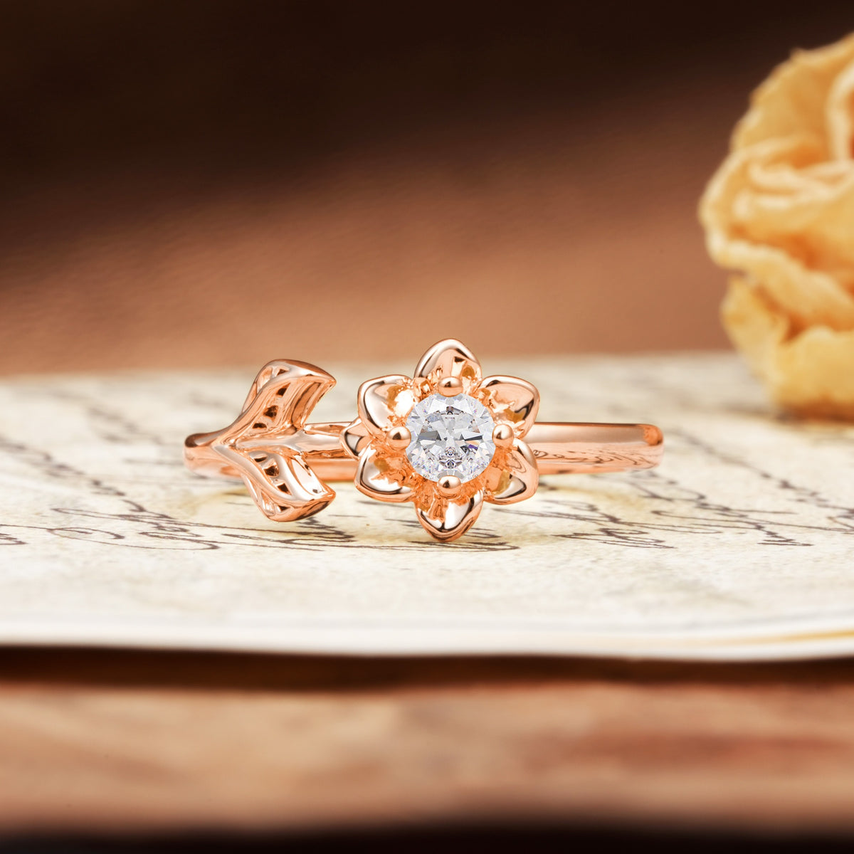 Natural-Inspired Floral Shape 4-Prong Round Cut Moissanite Engagement Ring - Additional view