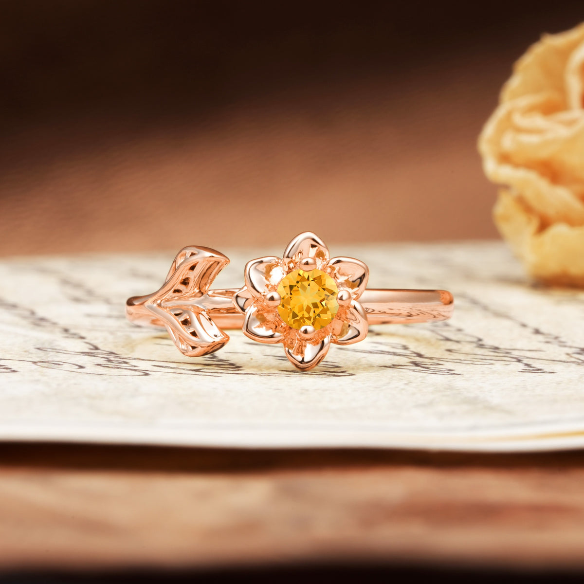 Natural-Inspired Floral Shape 4-Prong Round Cut Citrine Engagement Ring - Additional view