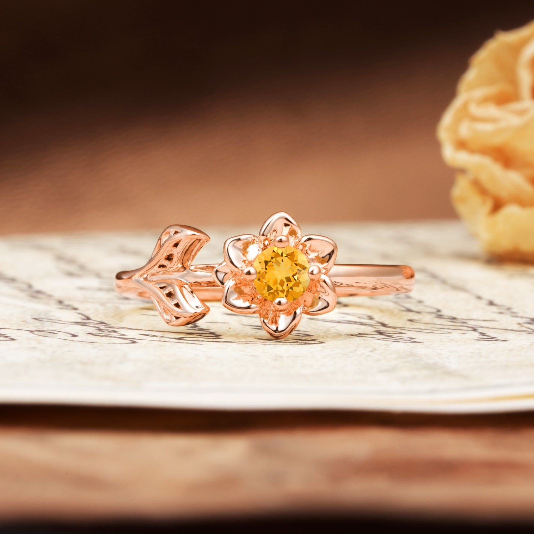 Natural-Inspired Floral Shape 4-Prong Round Cut Citrine Engagement Ring - Additional view