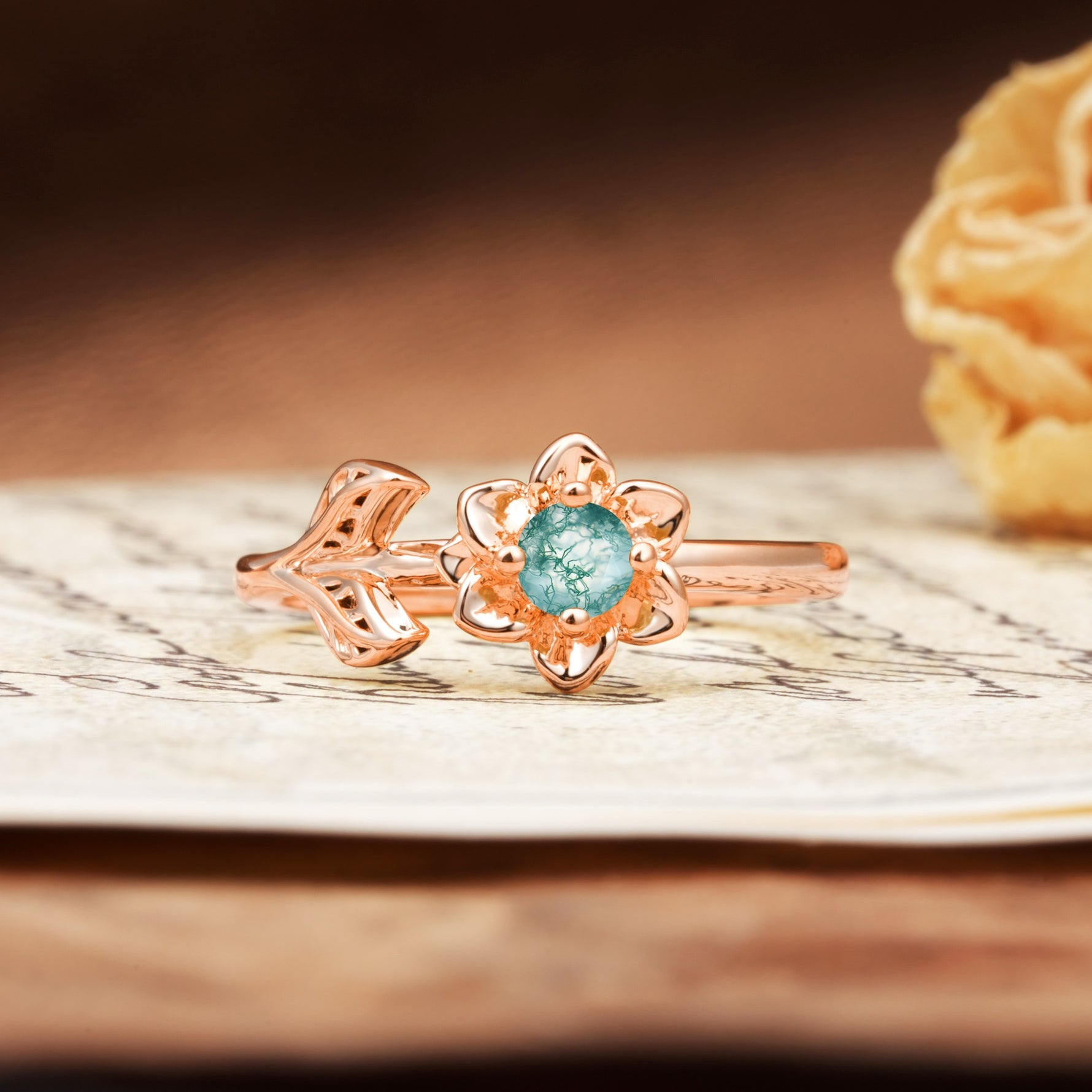 Natural-Inspired Floral Shape 4-Prong Round Cut Moss Agate Engagement Ring - Additional view