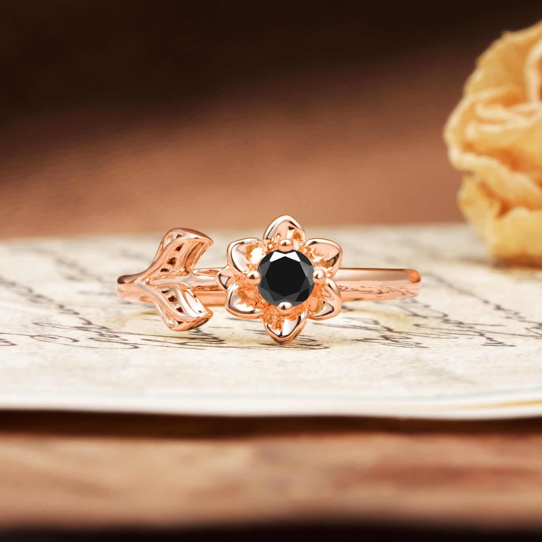 Natural-Inspired Floral Shape 4-Prong Round Cut Black Onyx Engagement Ring - Additional view