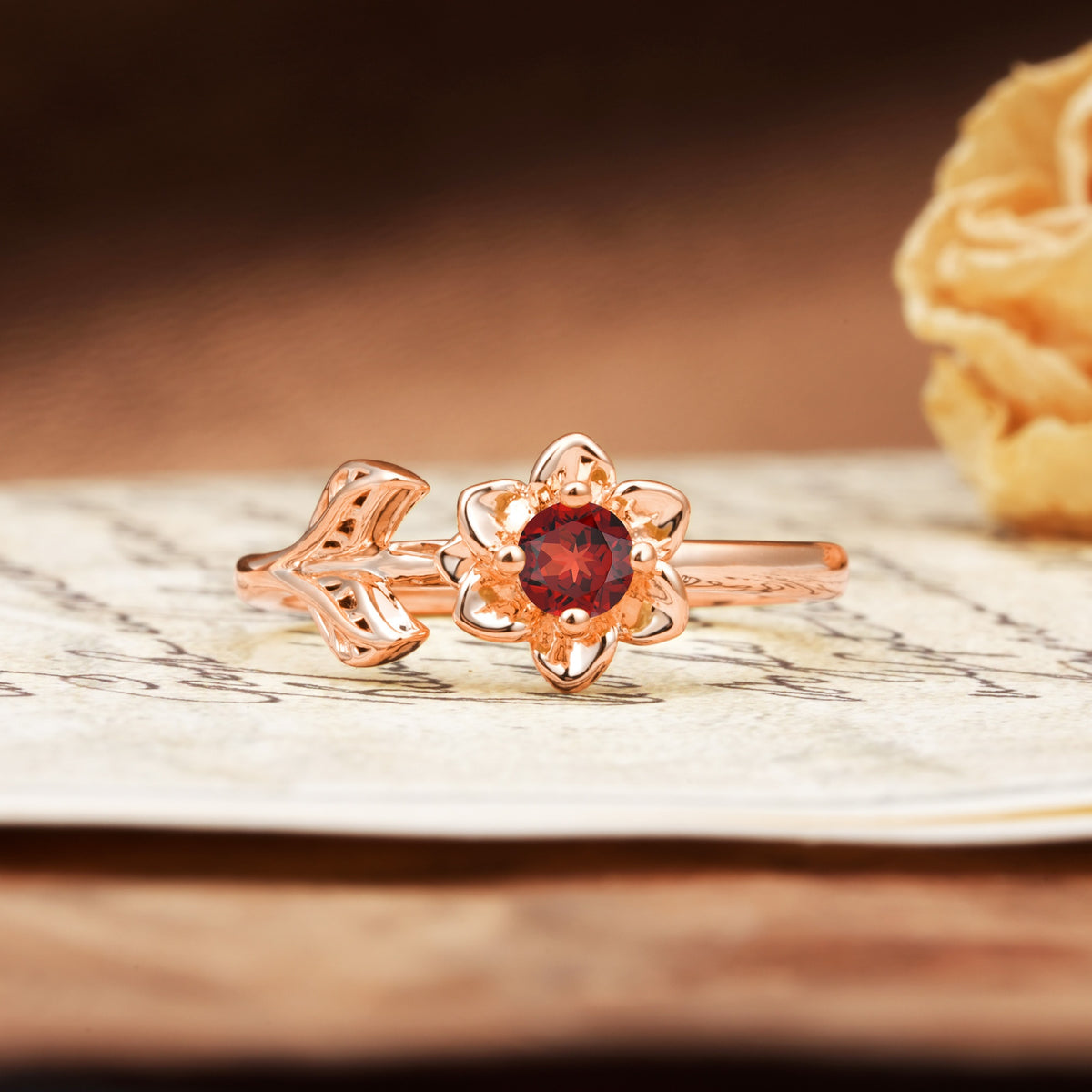 Natural-Inspired Floral Shape 4-Prong Round Cut Garnet Engagement Ring - Additional view