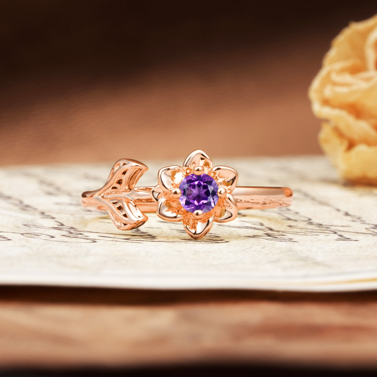 Natural-Inspired Floral Shape 4-Prong Round Cut Amethyst Engagement Ring - Additional view