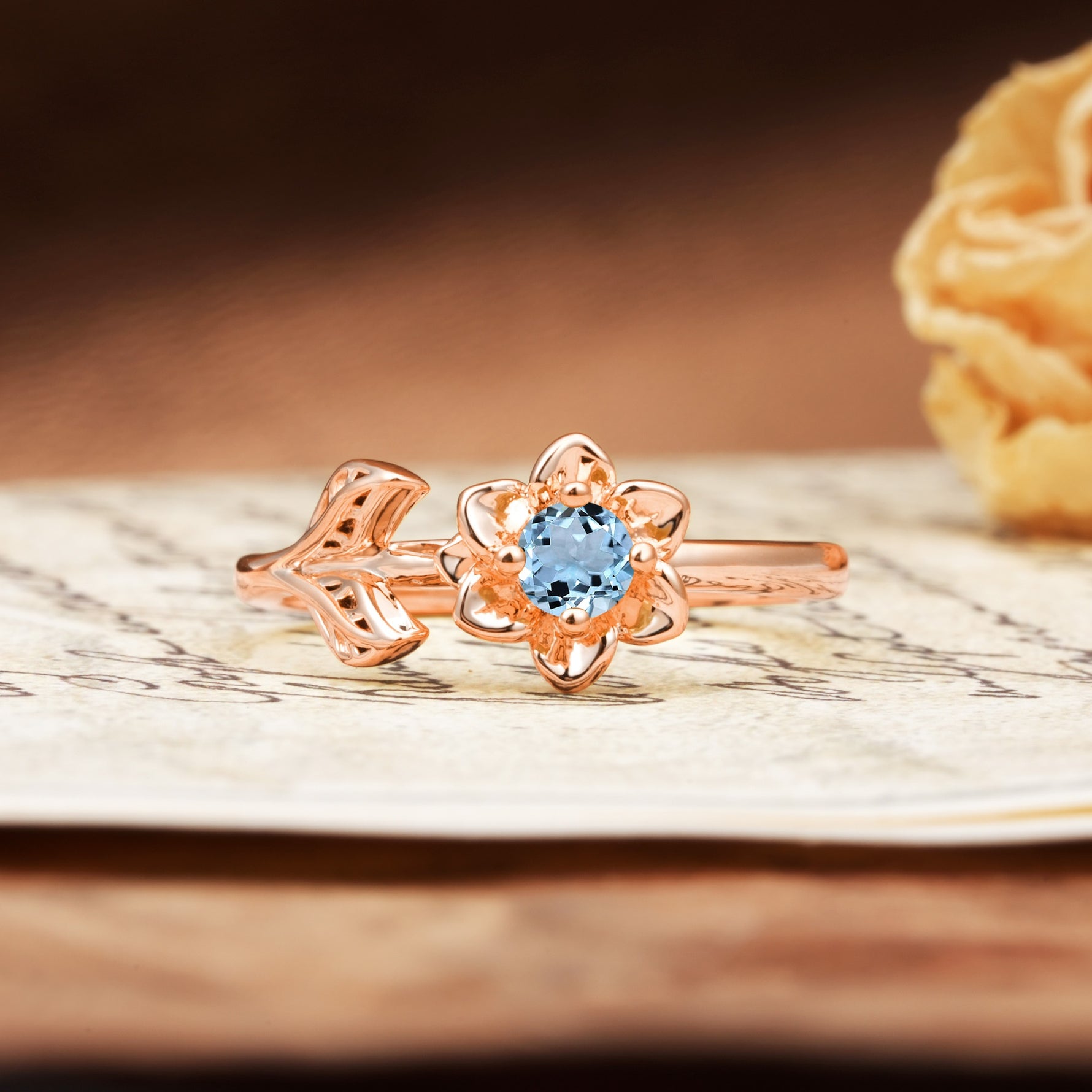 Natural-Inspired Floral Shape 4-Prong Round Cut Aquamarine Engagement Ring - Additional view