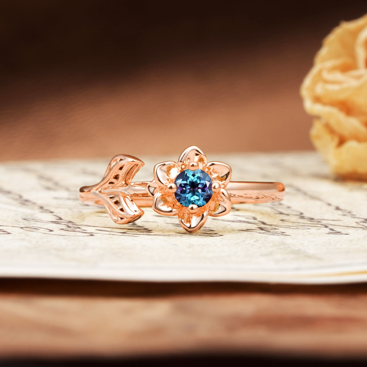 Natural-Inspired Floral Shape 4-Prong Round Cut Alexandrite Engagement Ring - Additional view
