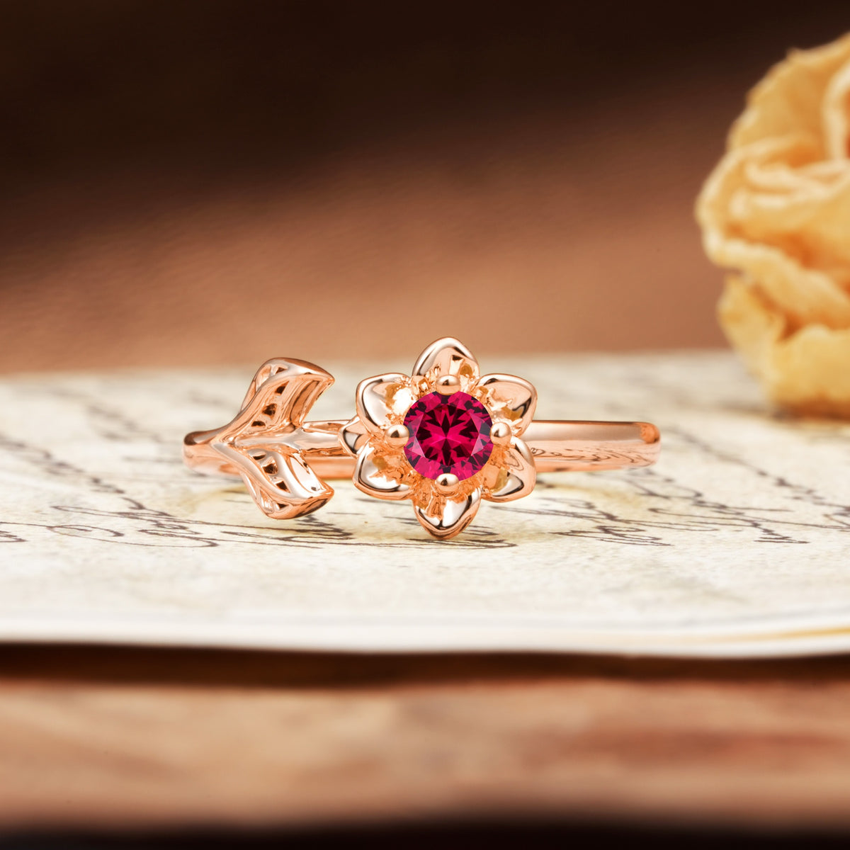 Natural-Inspired Floral Shape 4-Prong Round Cut Ruby Engagement Ring - Additional view