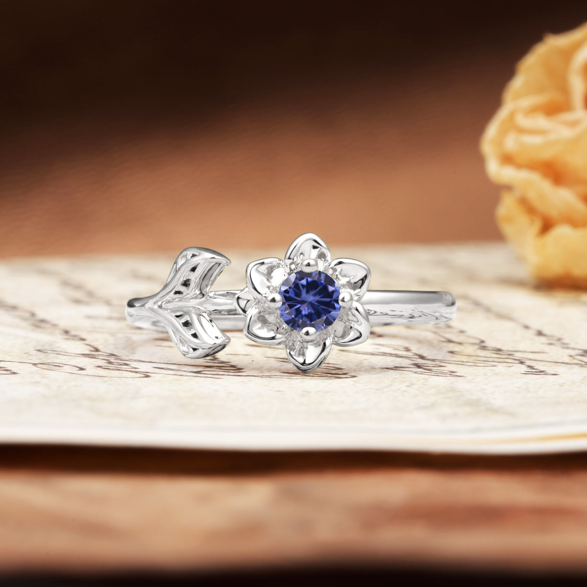 Natural-Inspired Floral Shape 4-Prong Round Cut Tanzanite Engagement Ring - Additional view