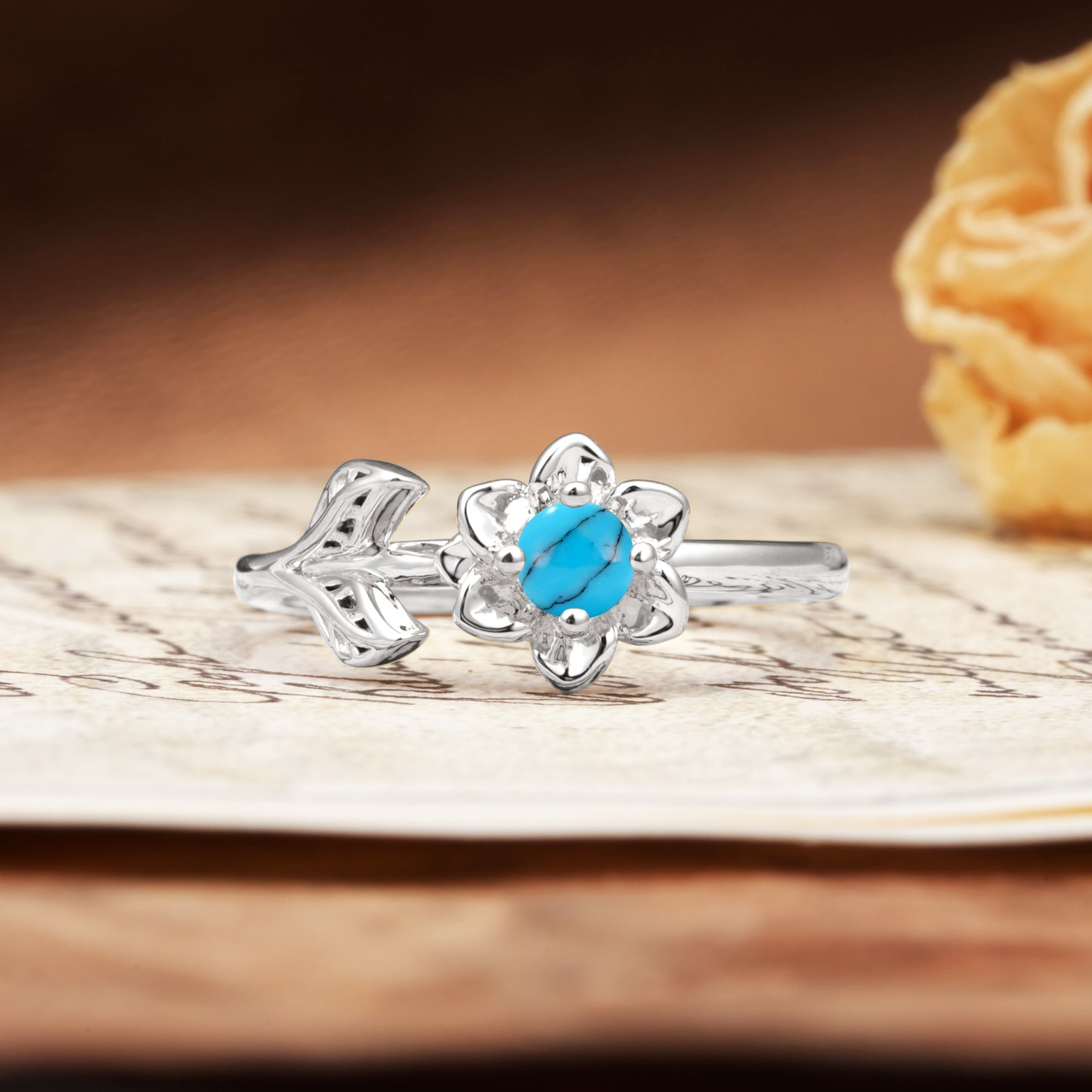Natural-Inspired Floral Shape 4-Prong Round Cut Turquoise Engagement Ring - Additional view
