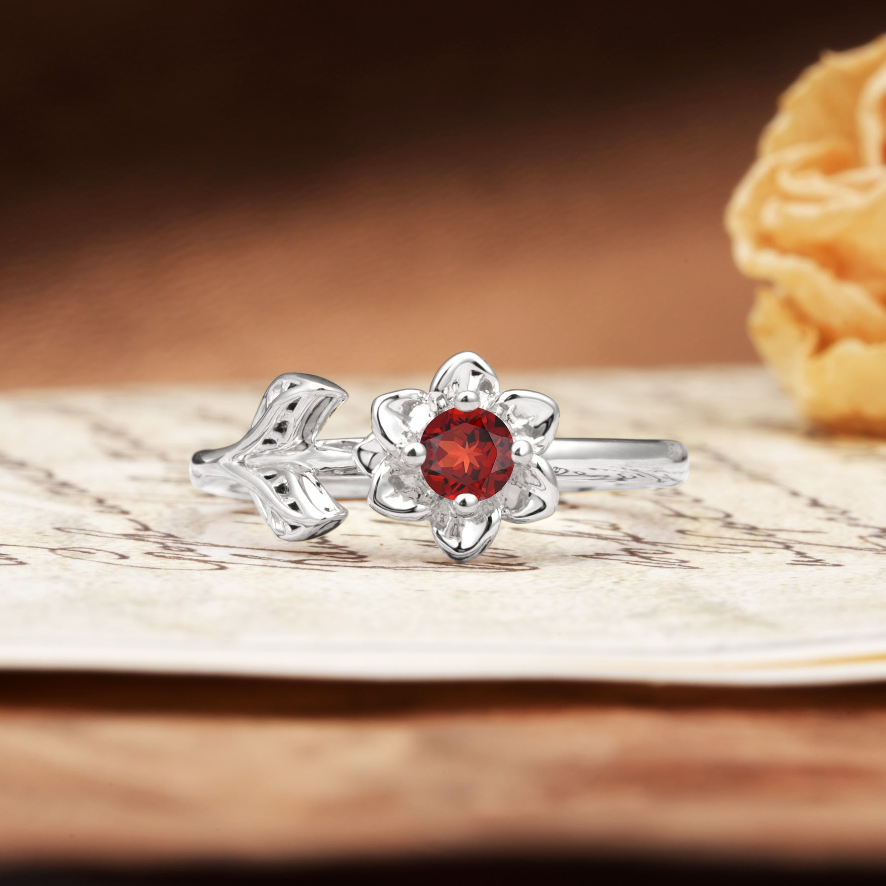 Natural-Inspired Floral Shape 4-Prong Round Cut Garnet Engagement Ring - Additional view