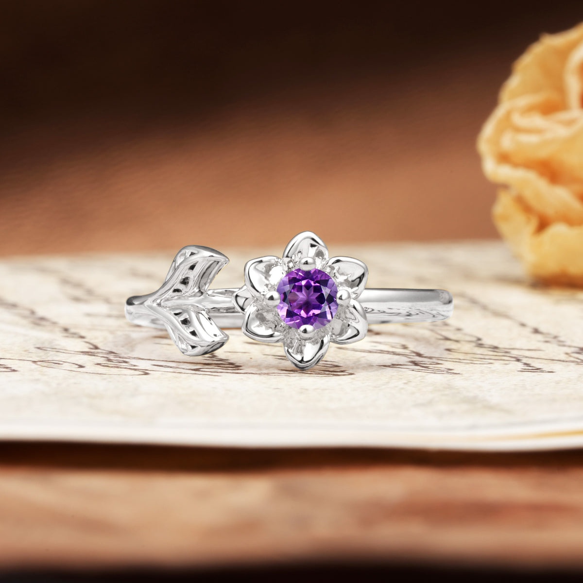 Natural-Inspired Floral Shape 4-Prong Round Cut Amethyst Engagement Ring - Additional view