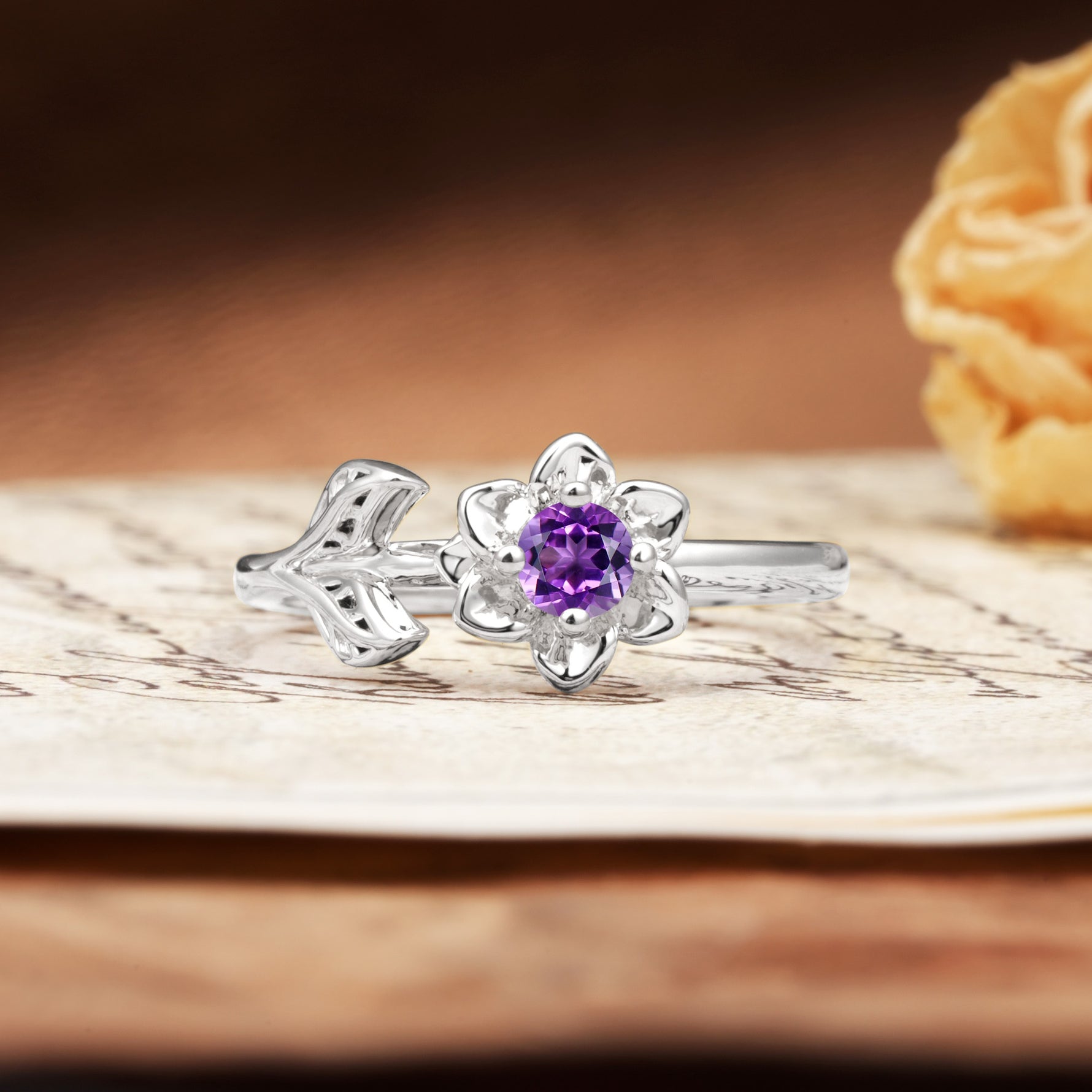 Natural-Inspired Floral Shape 4-Prong Round Cut Amethyst Engagement Ring - Additional view