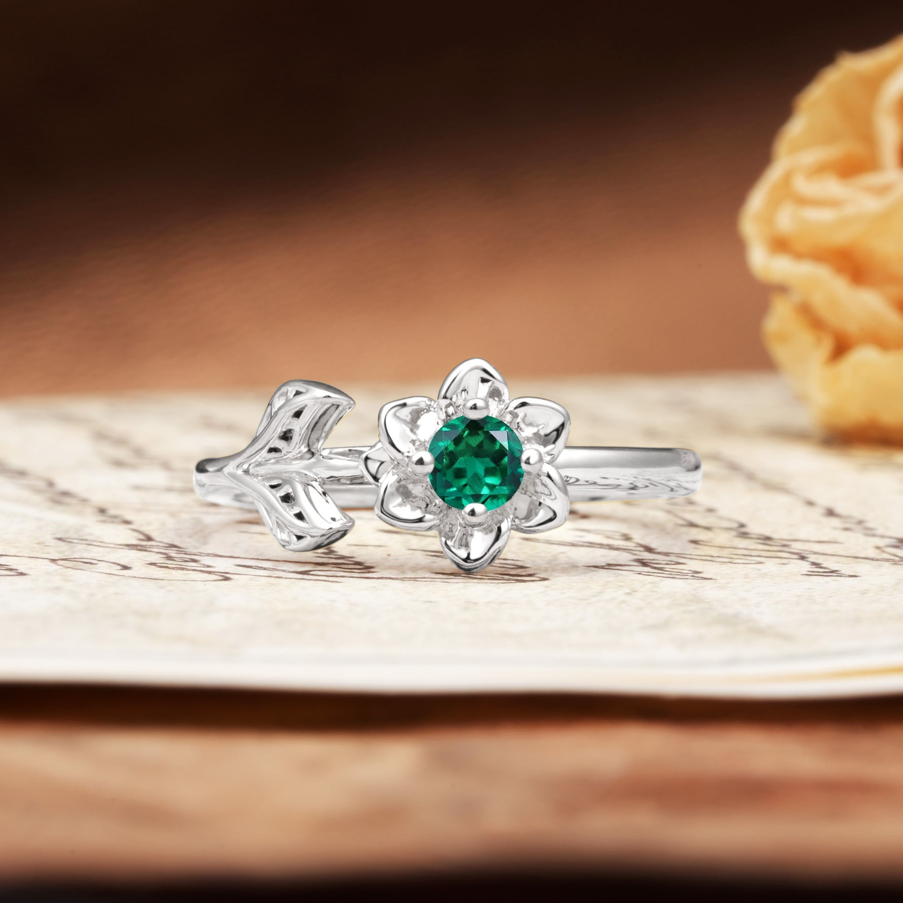 Natural-Inspired Floral Shape 4-Prong Round Cut Emerald Engagement Ring - Additional view