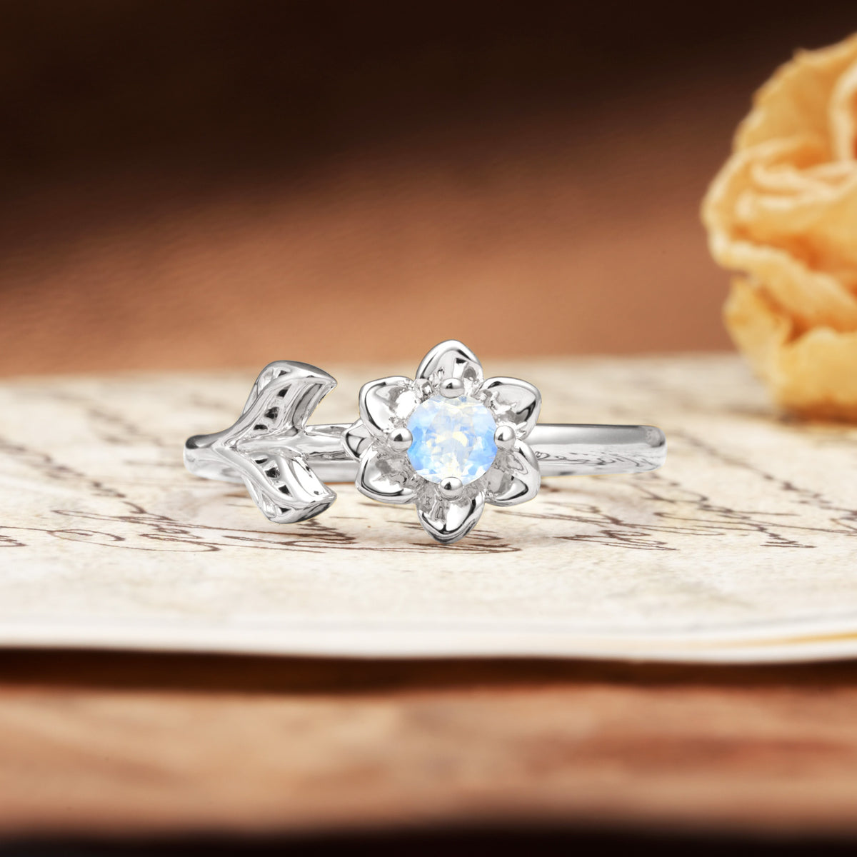 Natural-Inspired Floral Shape 4-Prong Round Cut Moonstone Engagement Ring - Additional view