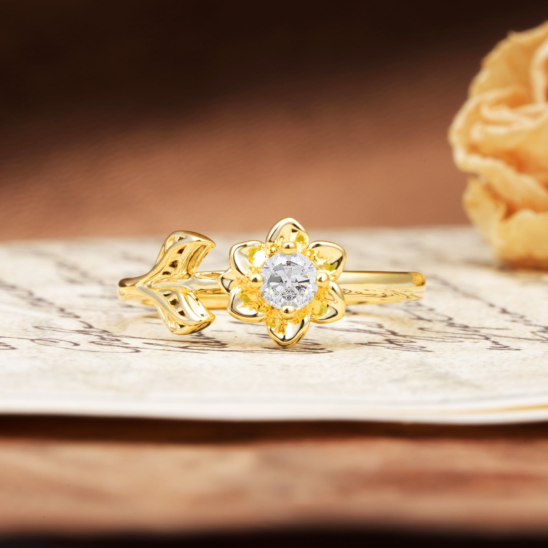 Natural-Inspired Floral Shape 4-Prong Round Cut Moissanite Engagement Ring - Additional view