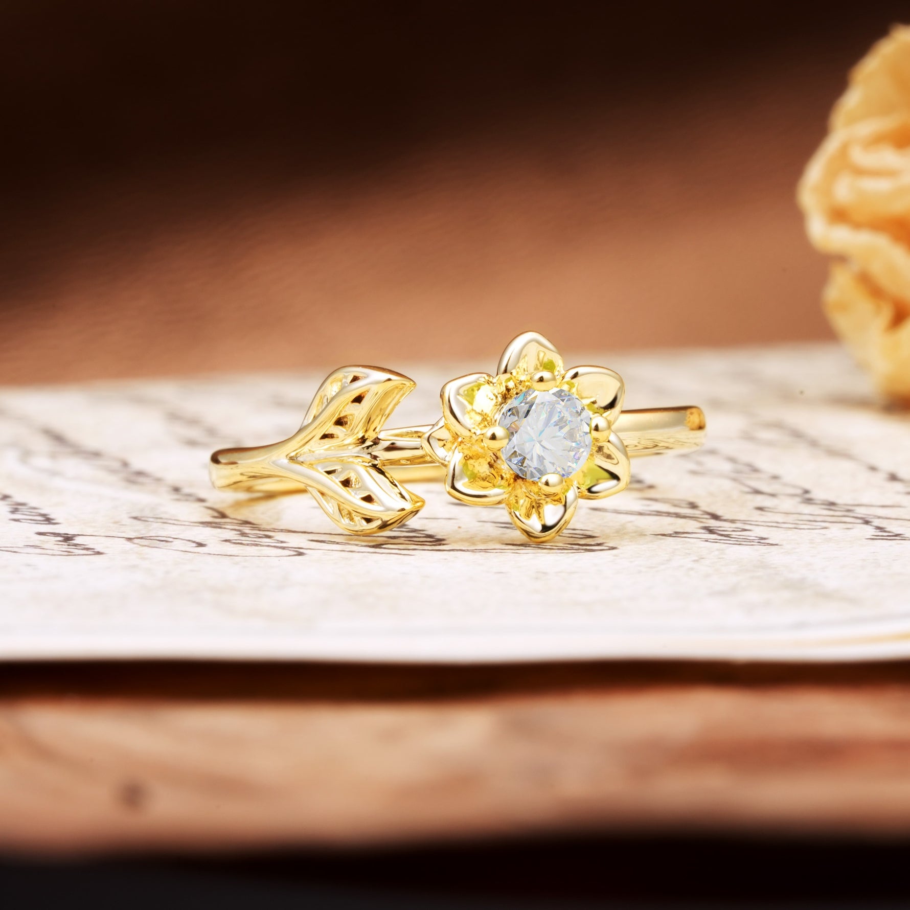 Natural-Inspired Floral Shape 4-Prong Round Cut Moissanite Engagement Ring - Additional view